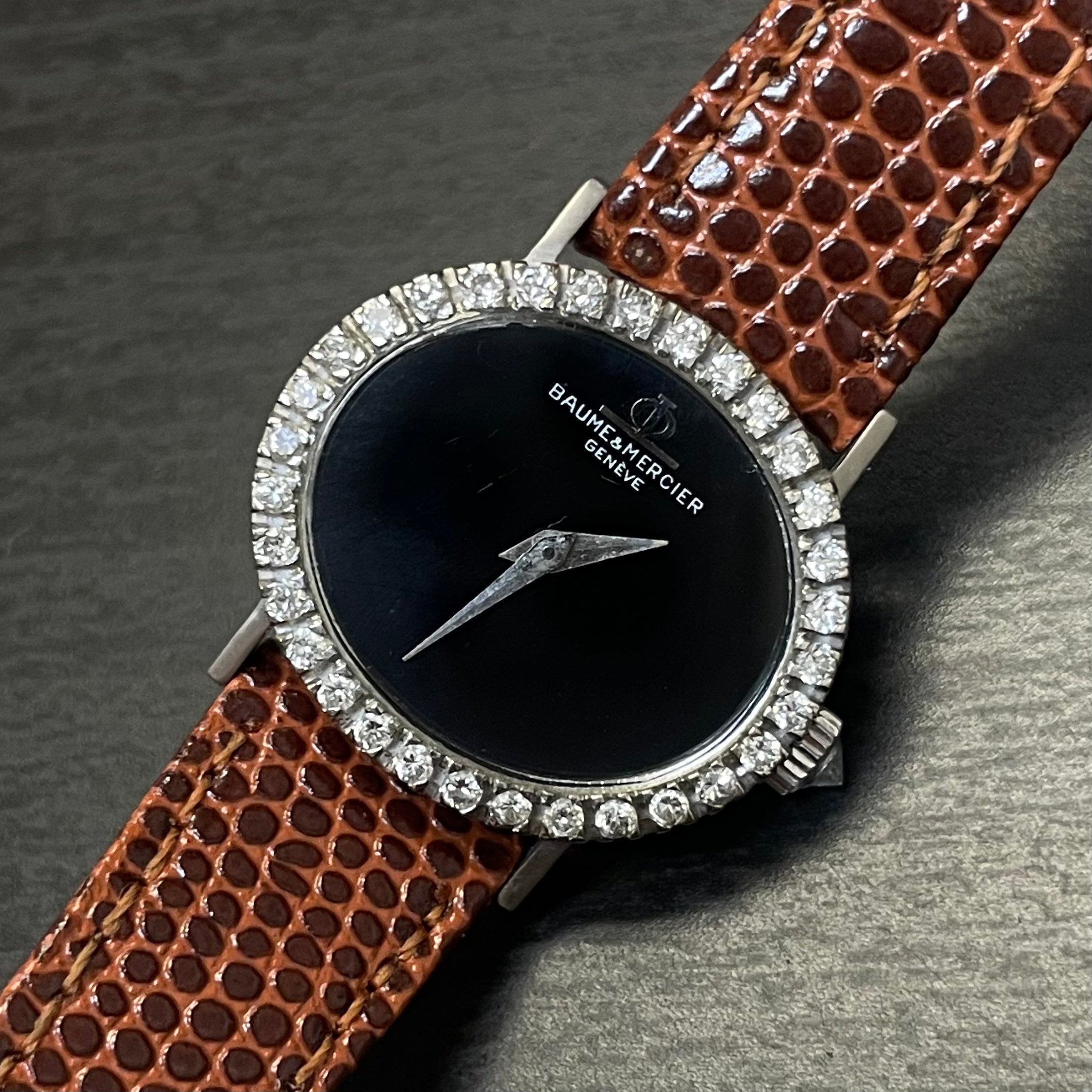 Baumé & Mercier 18K White Gold and Diamond Ladies Watch with Black Gace