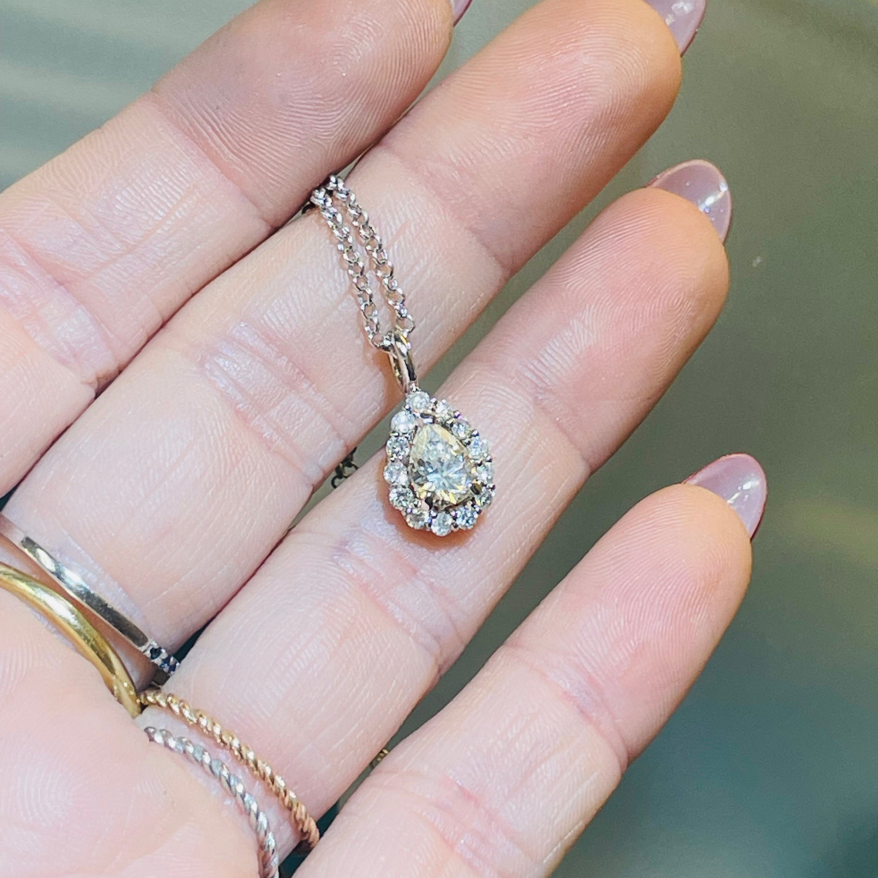 Natural GIA Certified Pear Diamond Halo Pendant in 14K White Gold