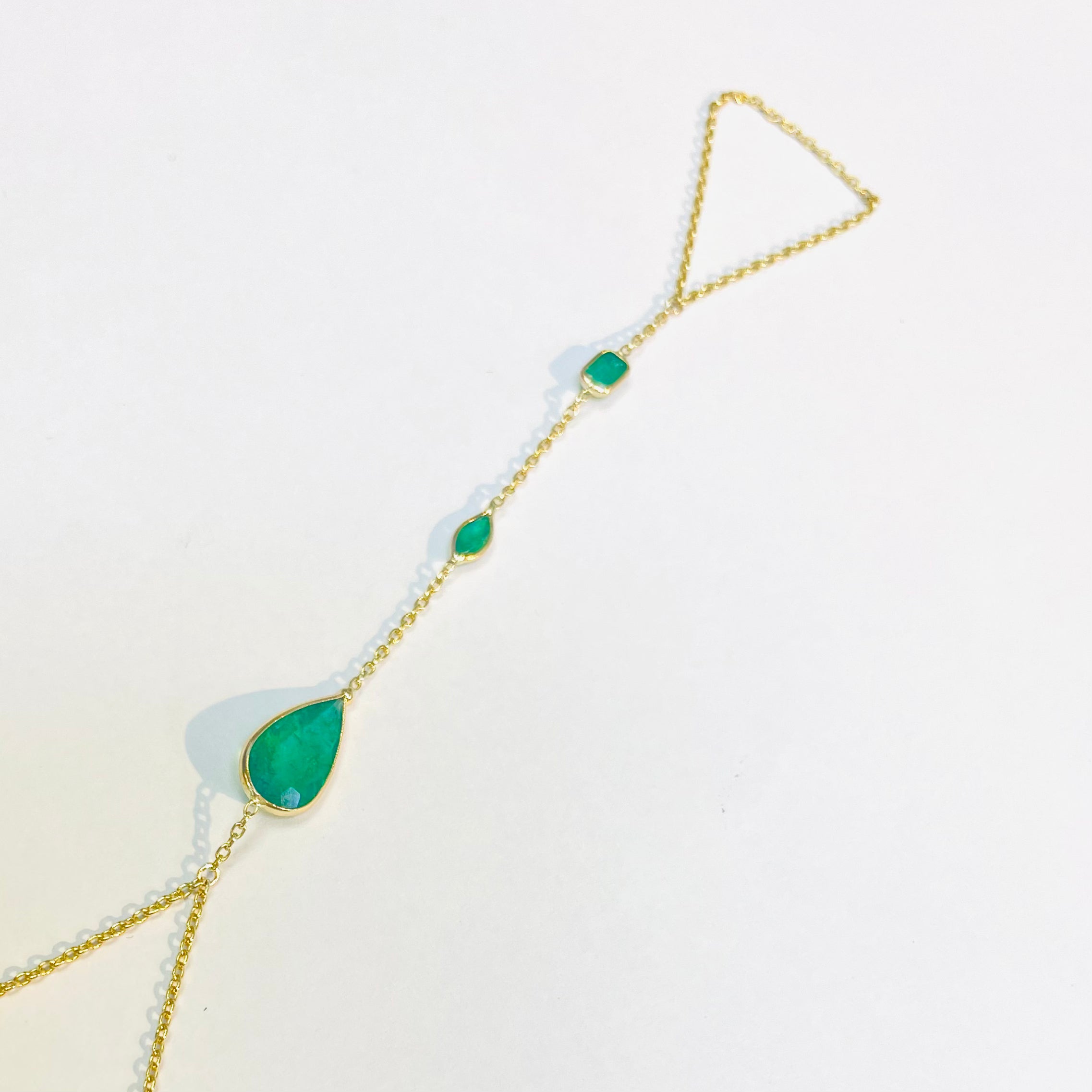 14k Yellow Gold 3 Stone Colombian Emerald Handchain