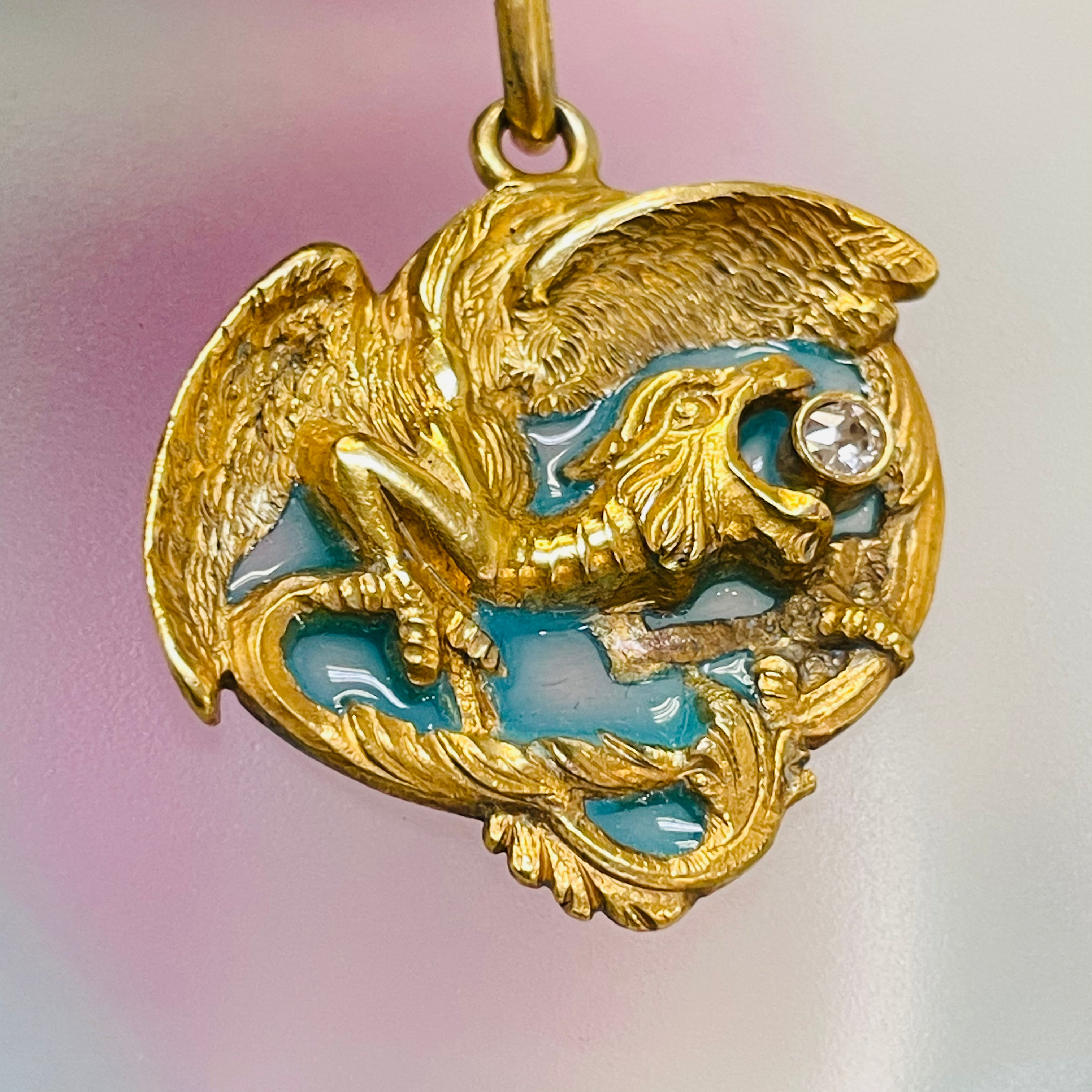 Solid 18K Yellow Gold Enamel Plique A Jour Dragon Diamond Pendant 1.5"