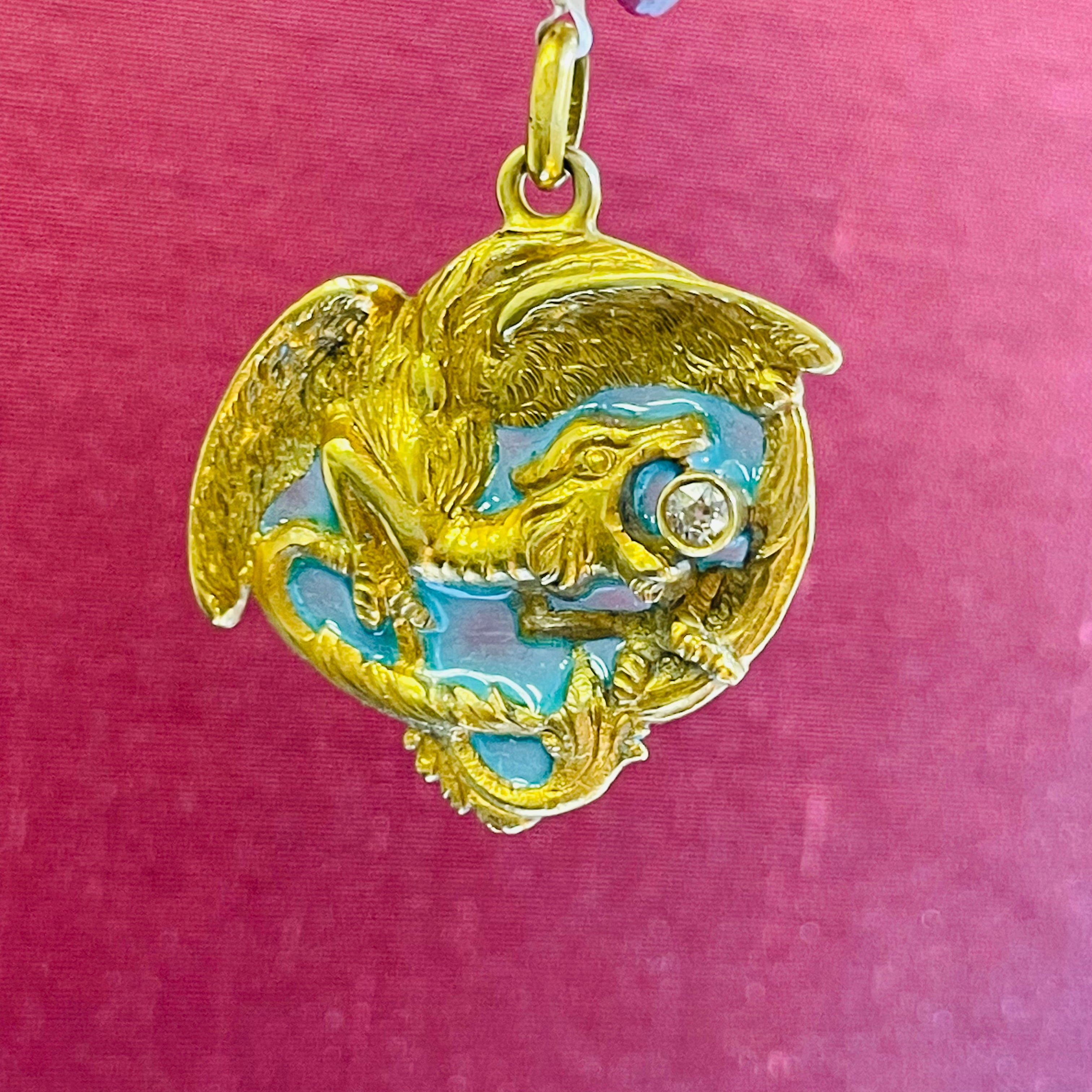 Solid 18K Yellow Gold Enamel Plique A Jour Dragon Diamond Pendant 1.5"