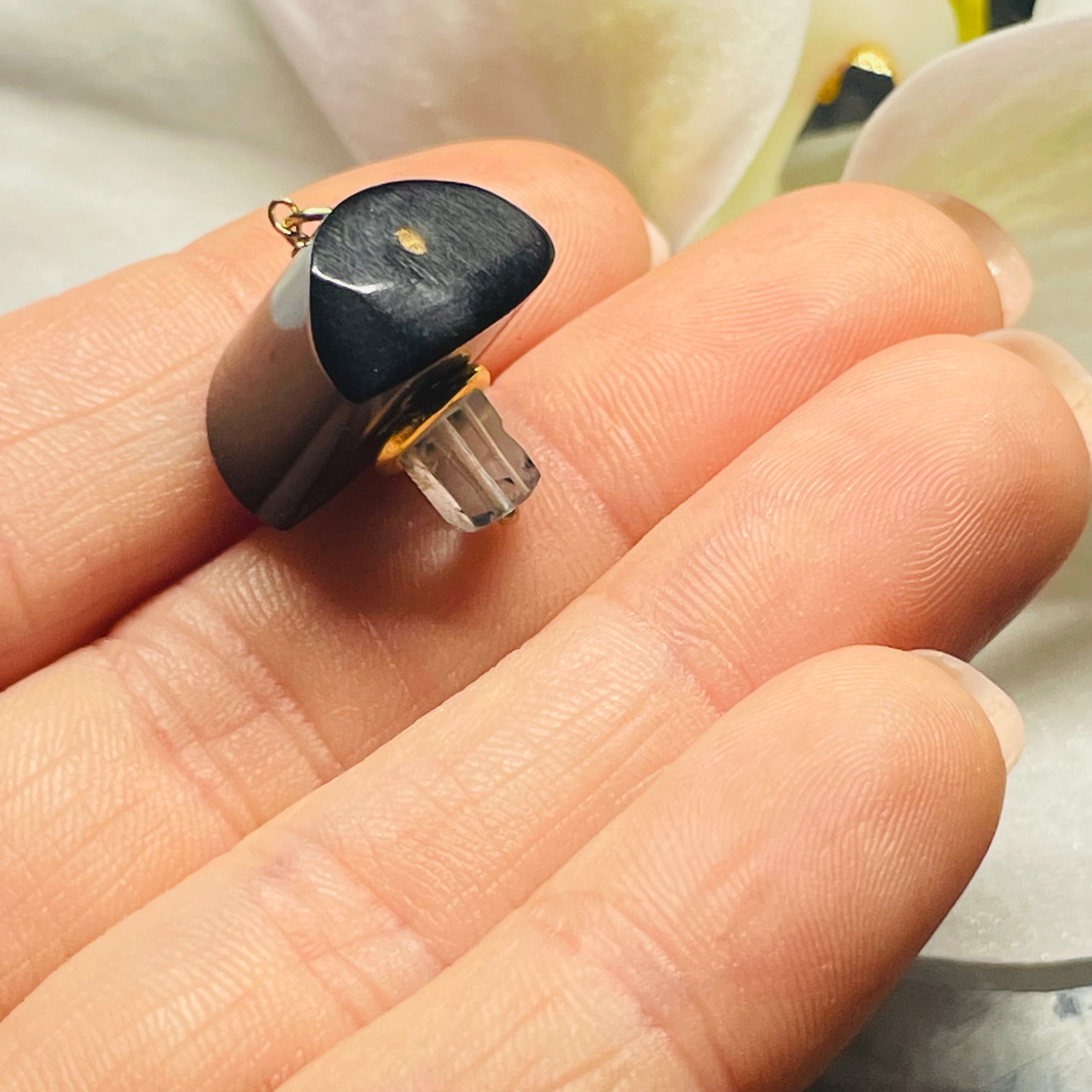 Black Coral and Aquamarine Mushroom Gem Charm Pendant