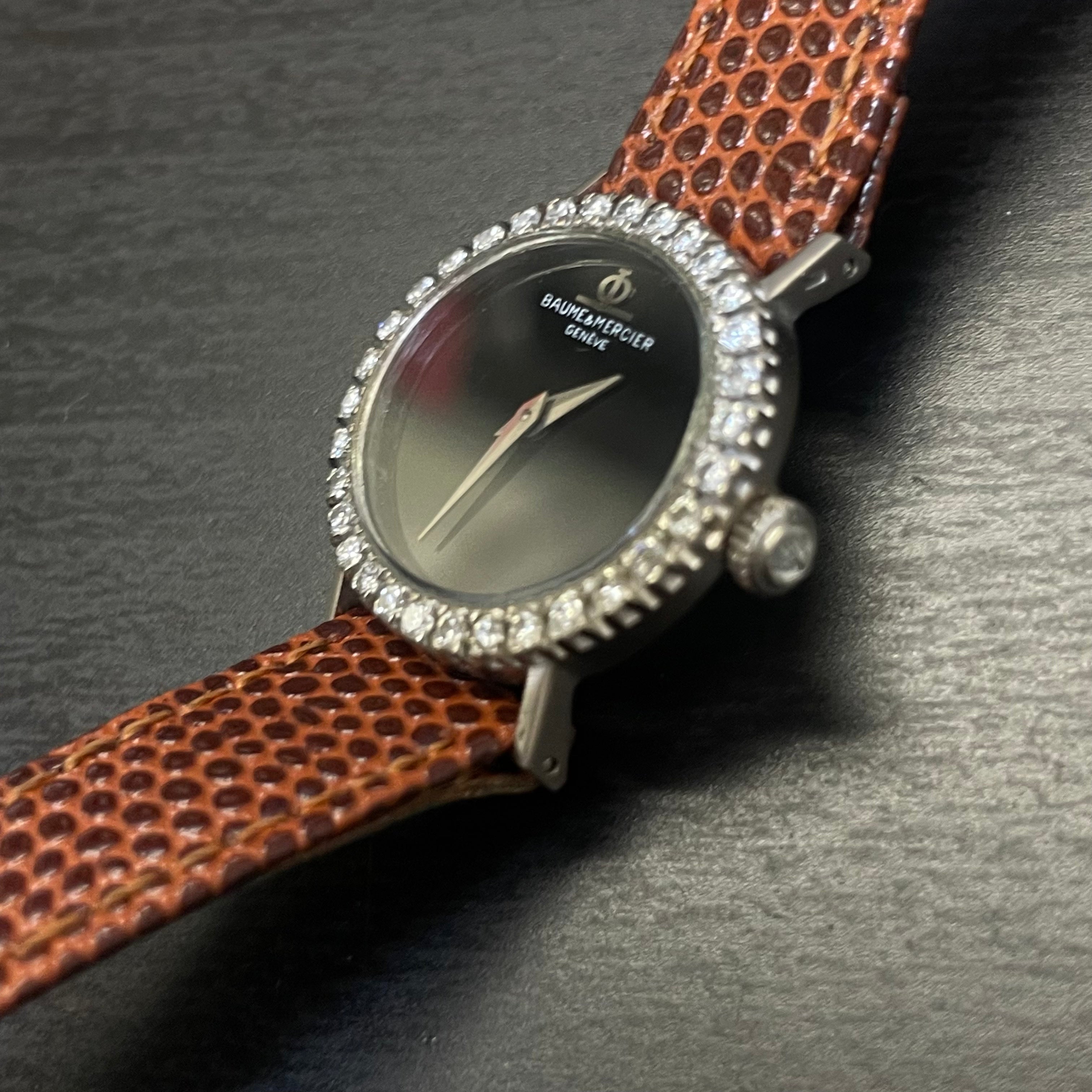 Baumé & Mercier 18K White Gold and Diamond Ladies Watch with Black Gace
