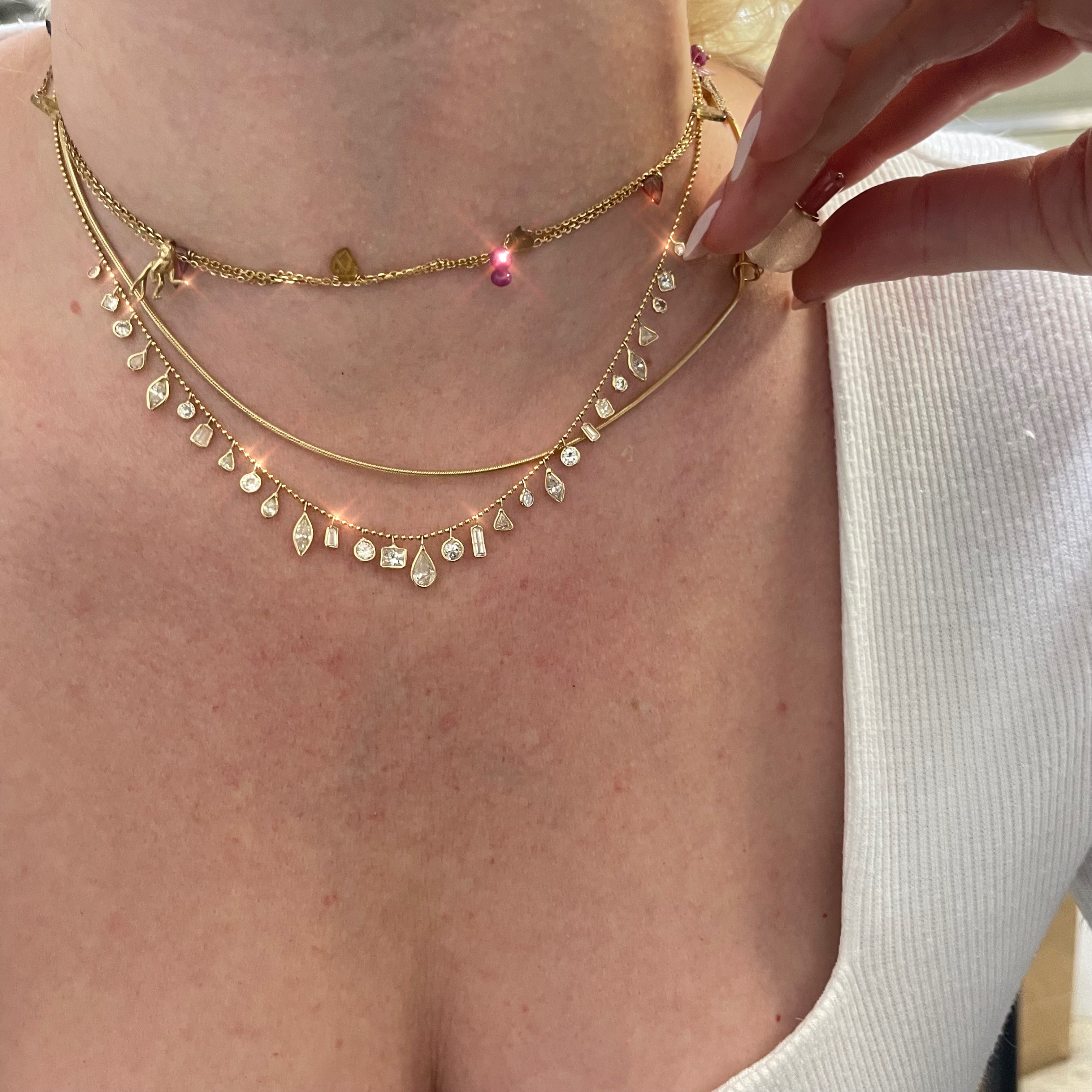 4.8CT Multi Shape Dangling Diamond Fringe 16” 18K Yellow Gold Necklace Heart Pear Trillion Old Mine Cut Marquis Emerald Princess