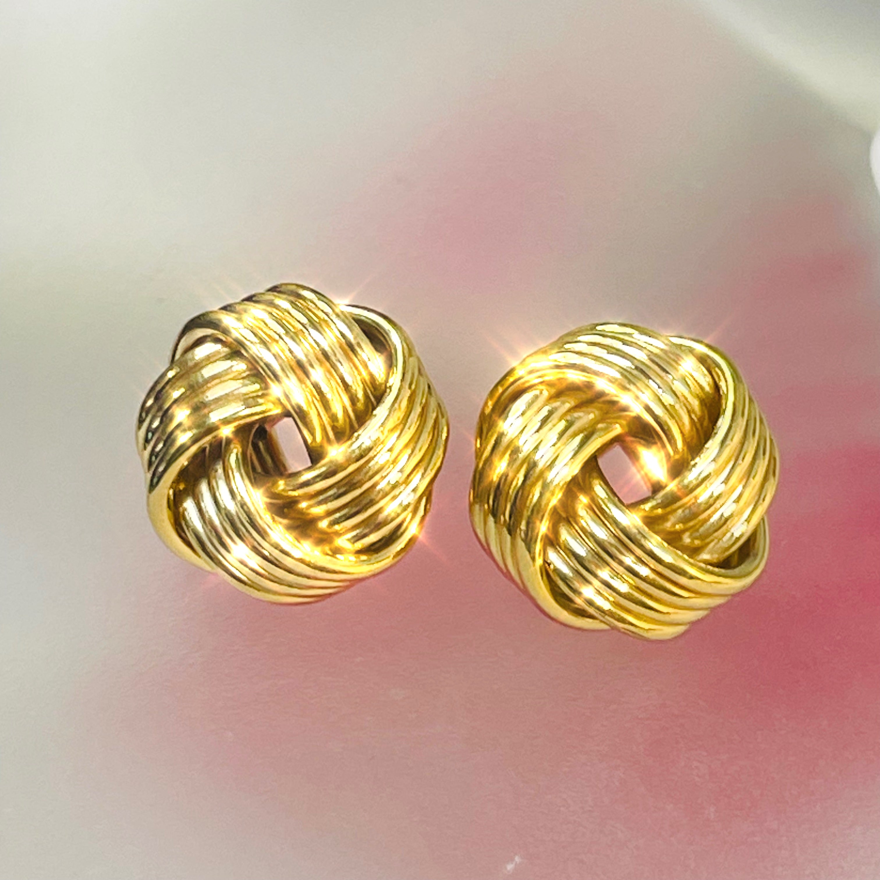 Classic 16mm Wide Dimensional Knot 14K Yellow Gold Earring Studs