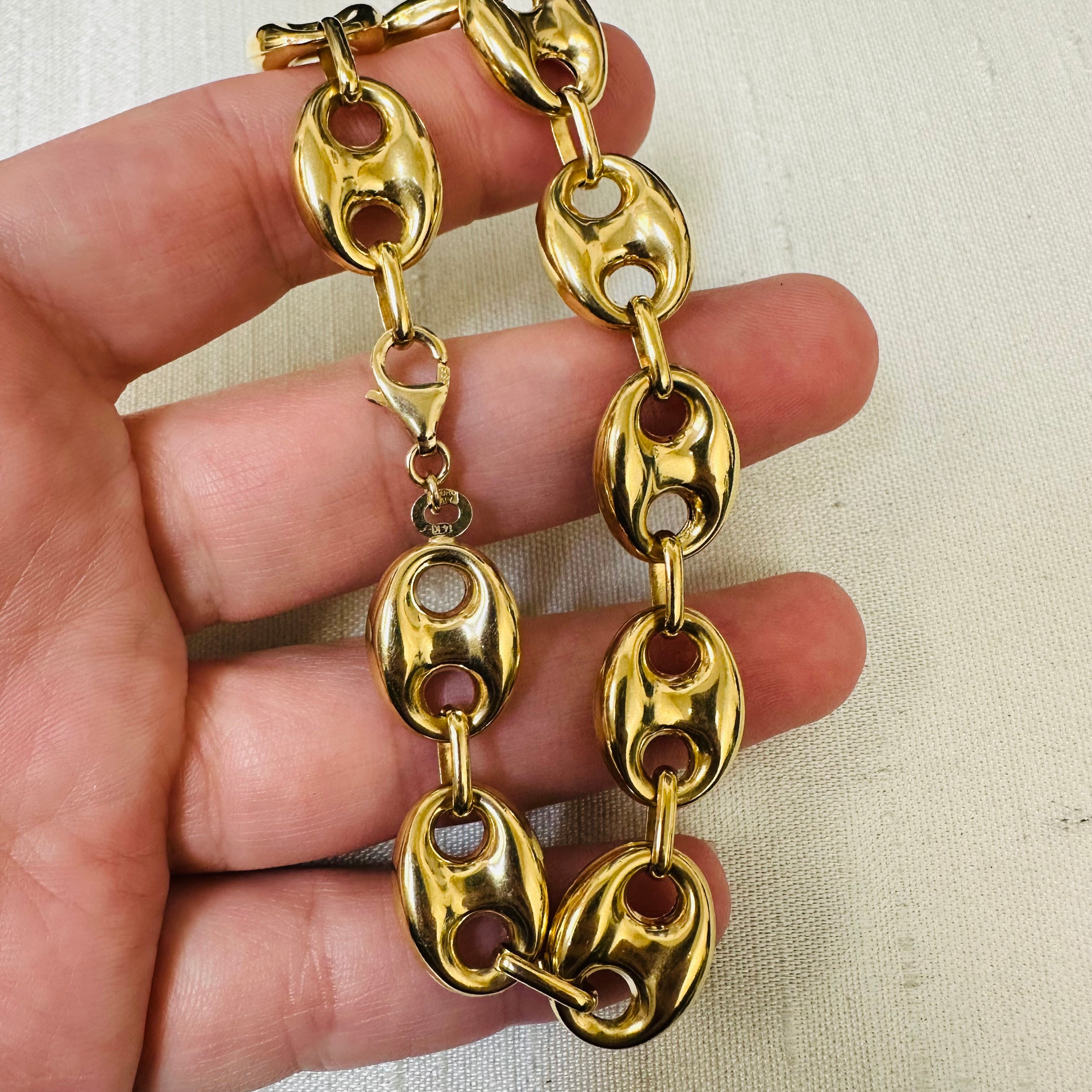 14K Yellow Gold Mariner Puff Link 8" Bracelet 12mm