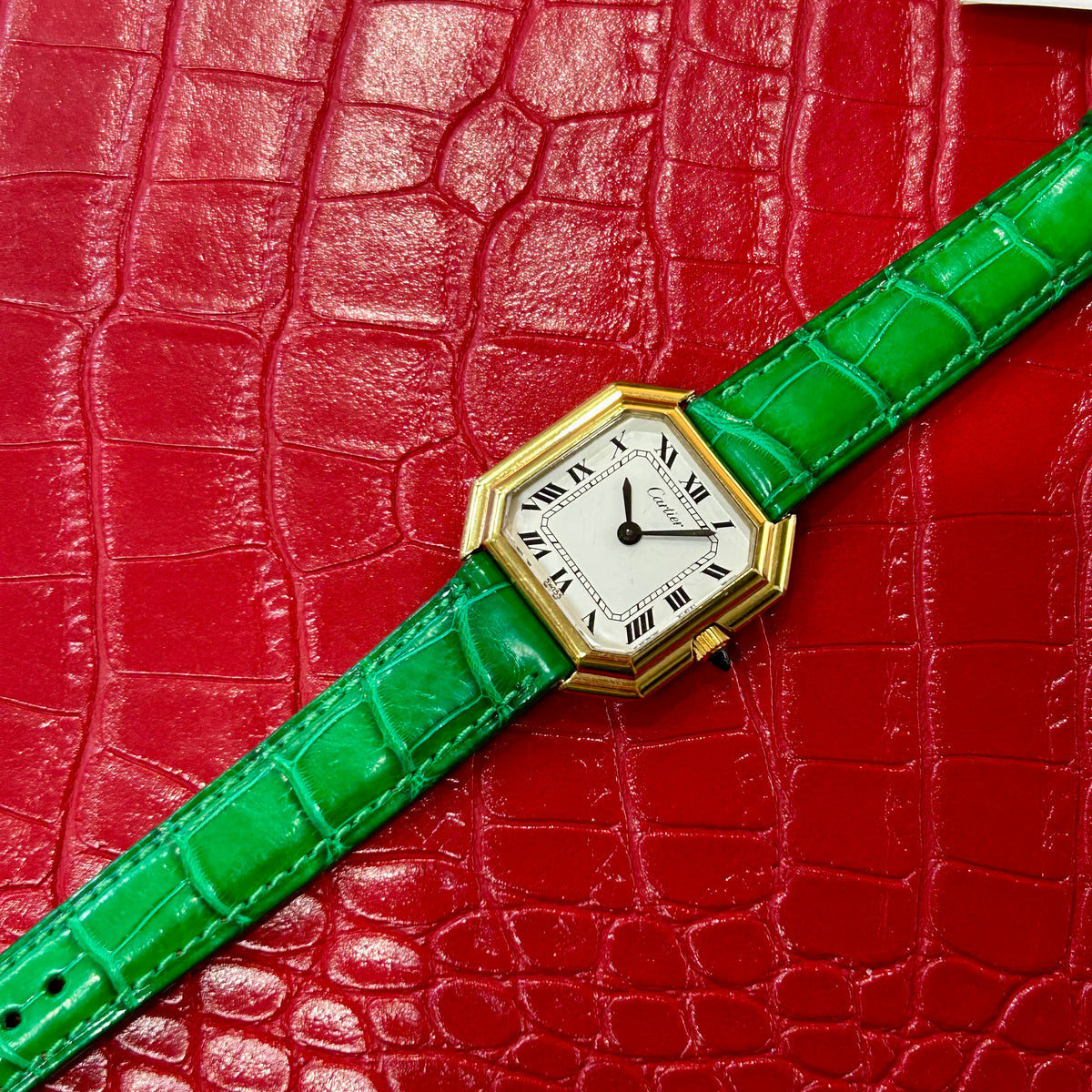 Vintage Cartier Ceinture | Ref 414 | 27mm | 18k plated | Green Leather Strap