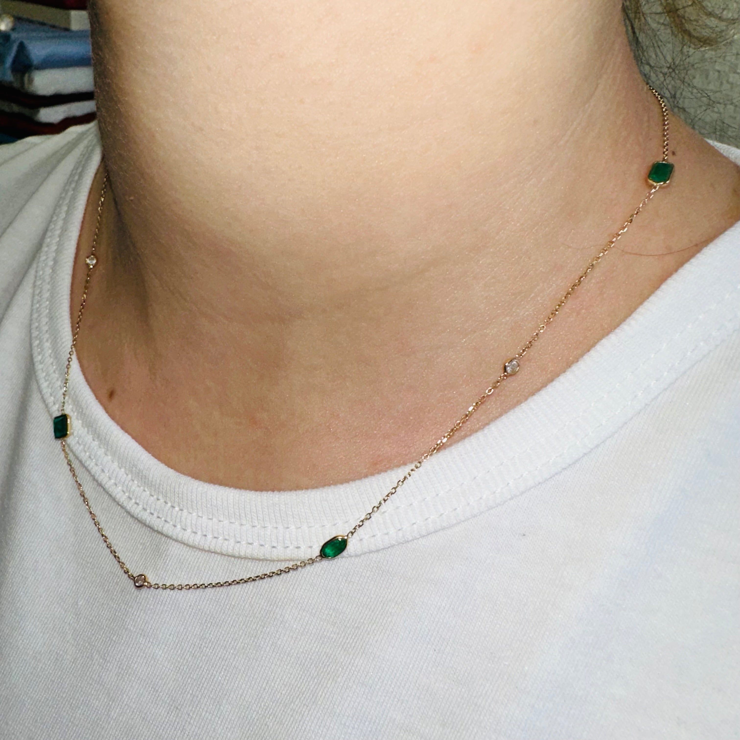 14K Yellow Gold Emerald And Diamond Necklace 18"
