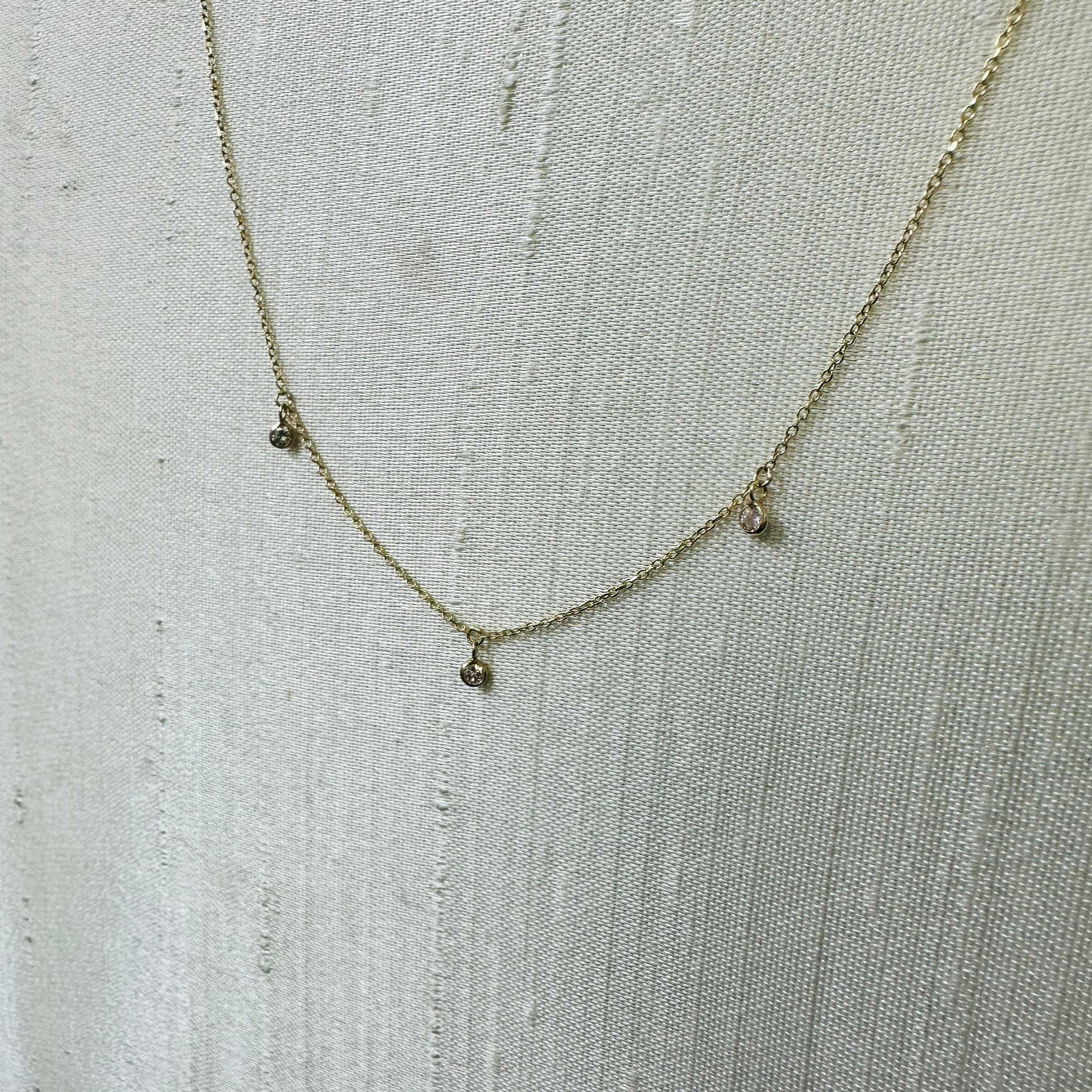 14K Yellow Gold Three Diamonds Necklace 16" to 17"