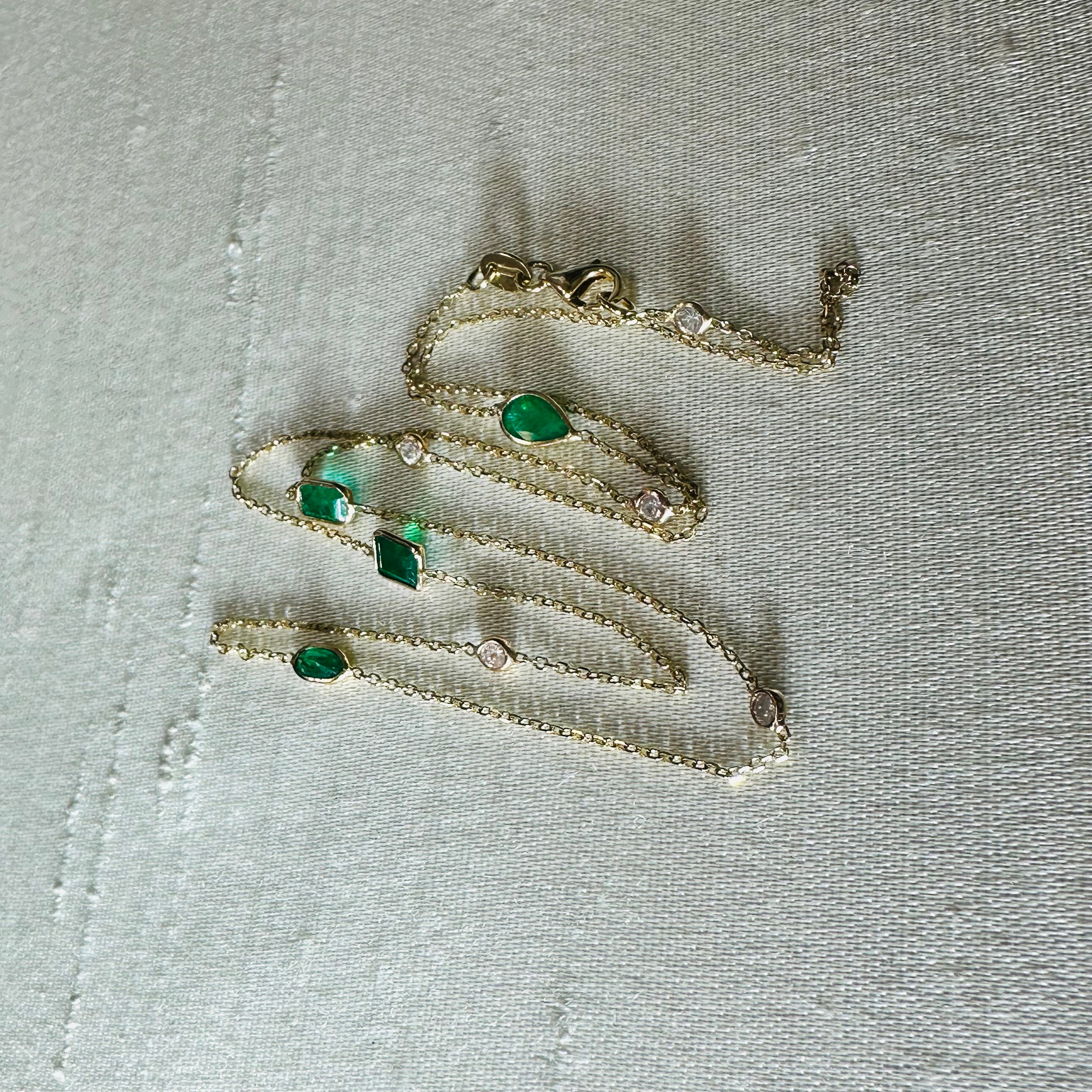 14K Yellow Gold Emerald And Diamond Necklace 18"