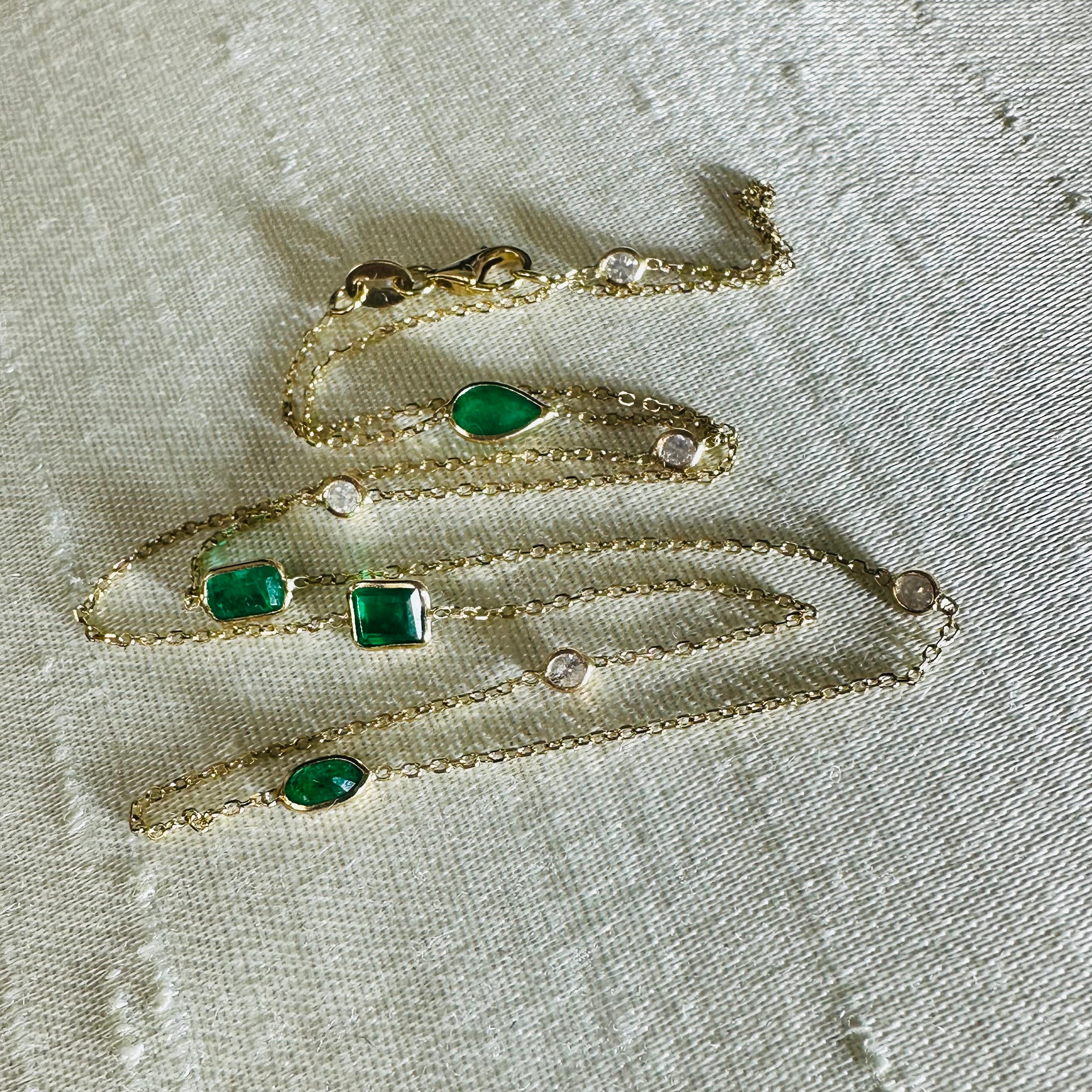 14K Yellow Gold Emerald And Diamond Necklace 18"