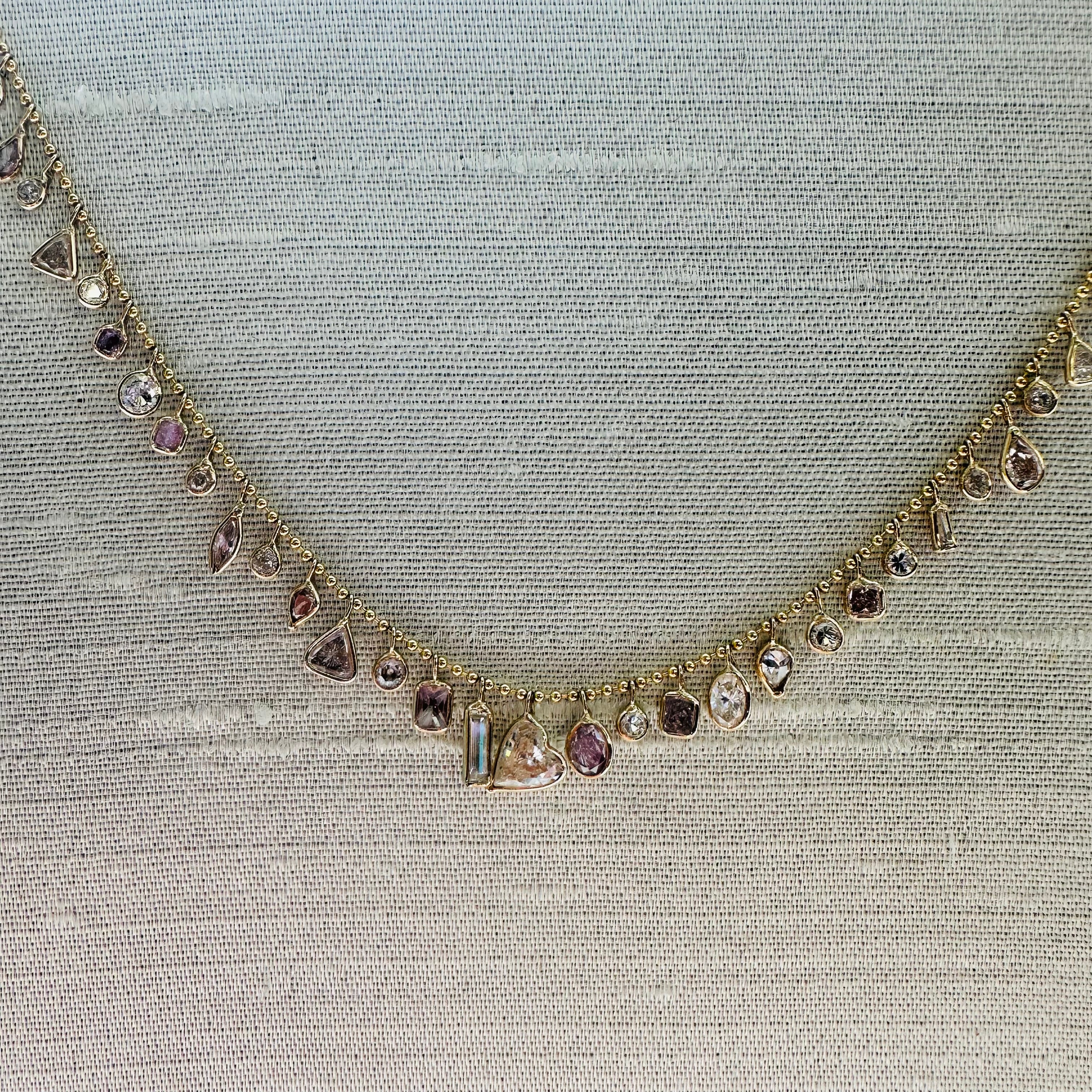 14K 15" Yellow Gold With Dangling Pink And White Diamonds Necklace
