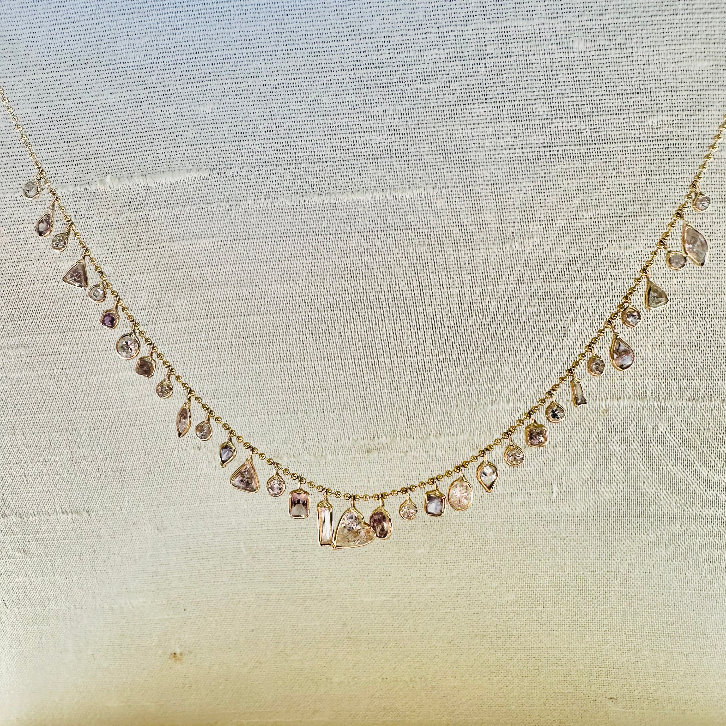 14K 15" Yellow Gold With Dangling Pink And White Diamonds Necklace