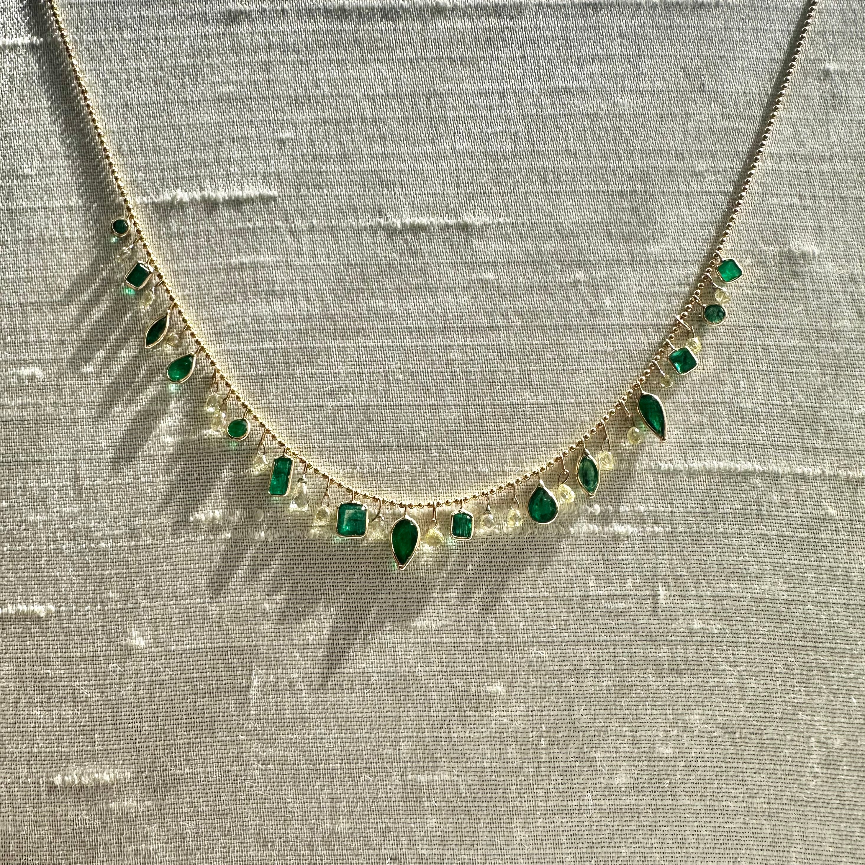 14K 16" Yellow Gold With Dangling Diamonds & Emeralds With All Different Shapes