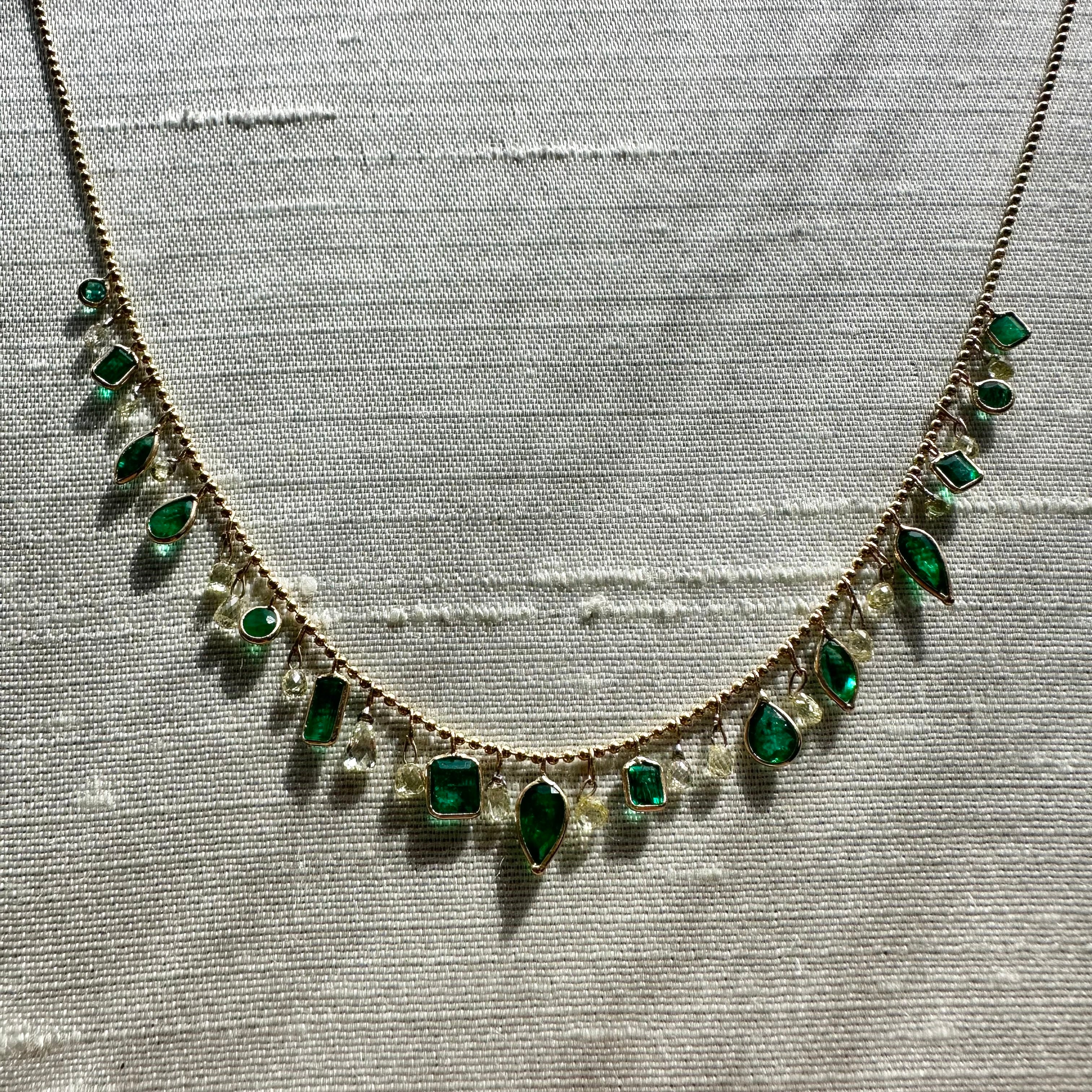 14K 16" Yellow Gold With Dangling Diamonds & Emeralds With All Different Shapes