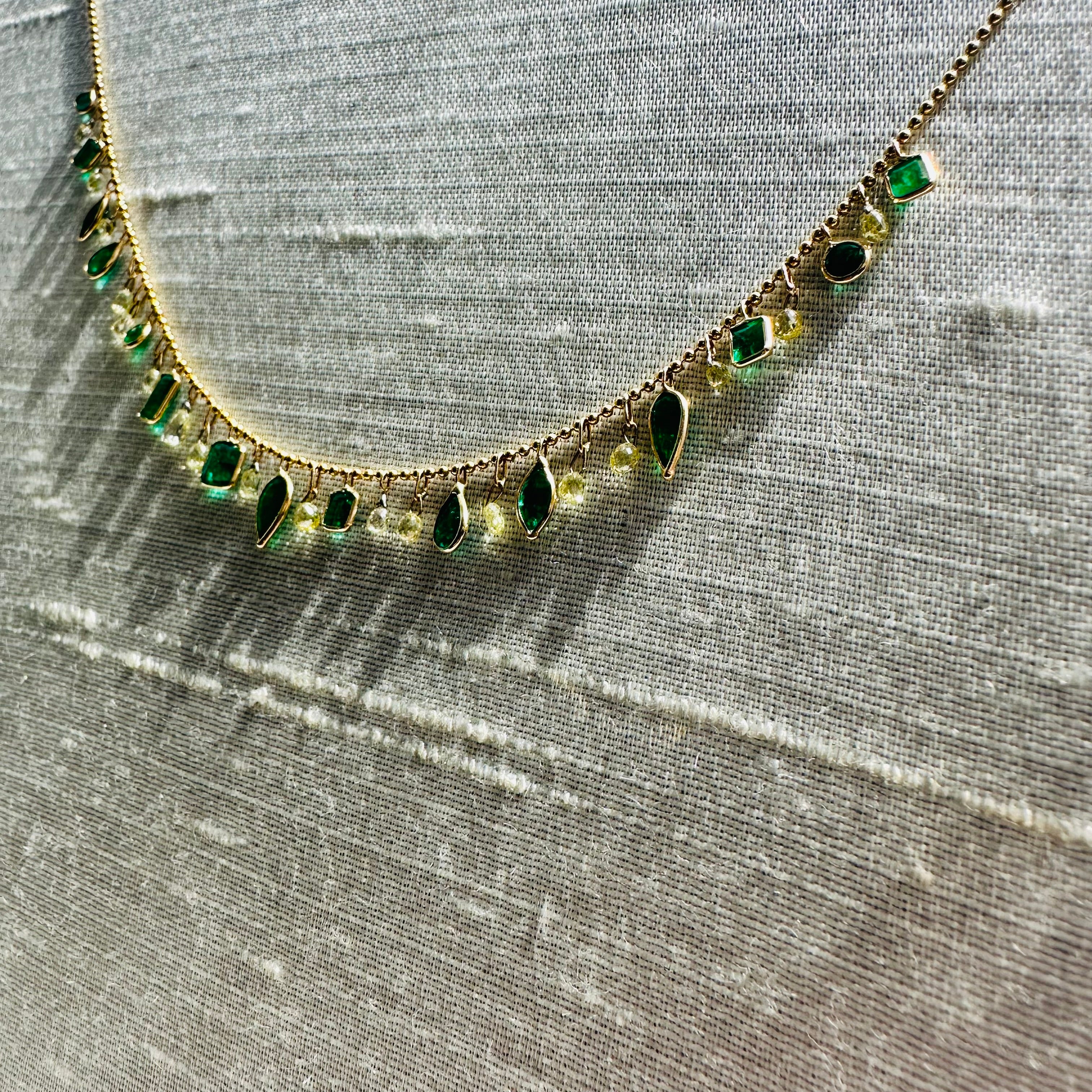 14K 16" Yellow Gold With Dangling Diamonds & Emeralds With All Different Shapes