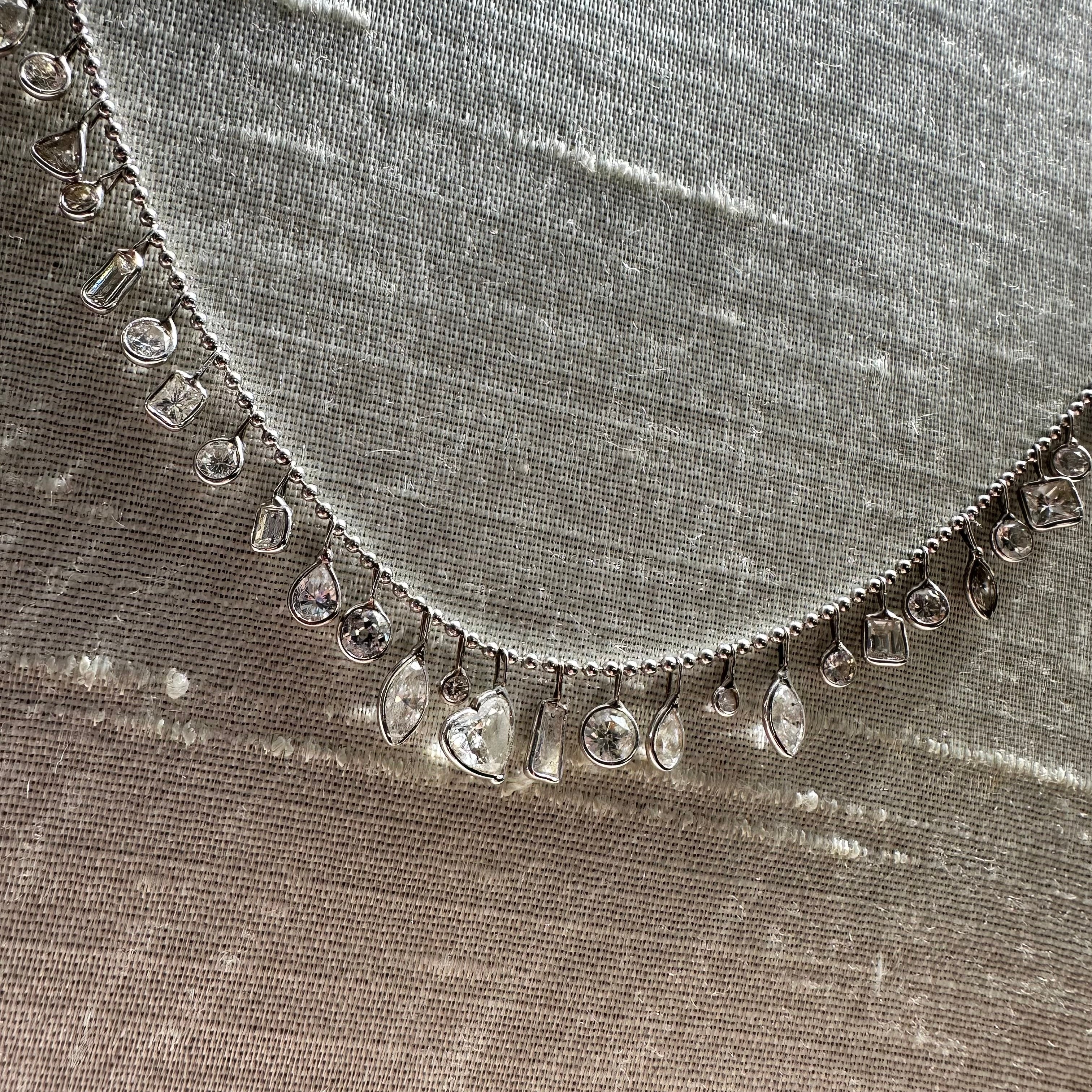 14K 17" White Gold With Dangling Diamonds With All Different shapes Necklace