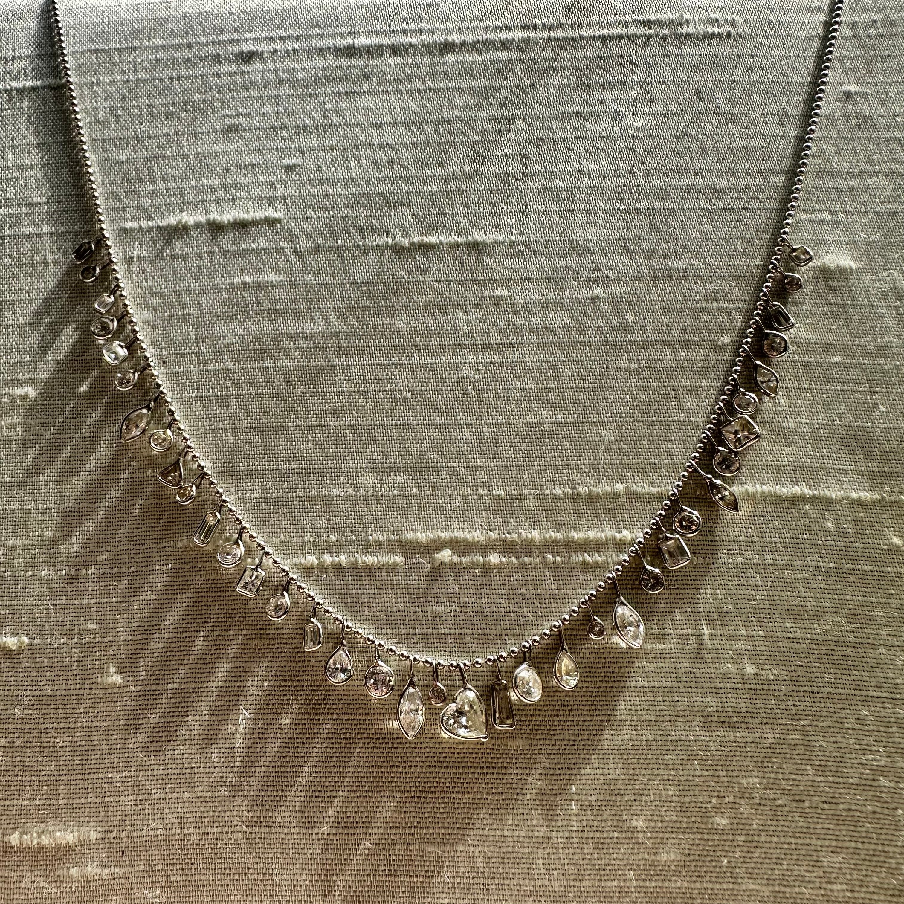 14K 17" White Gold With Dangling Diamonds With All Different shapes Necklace