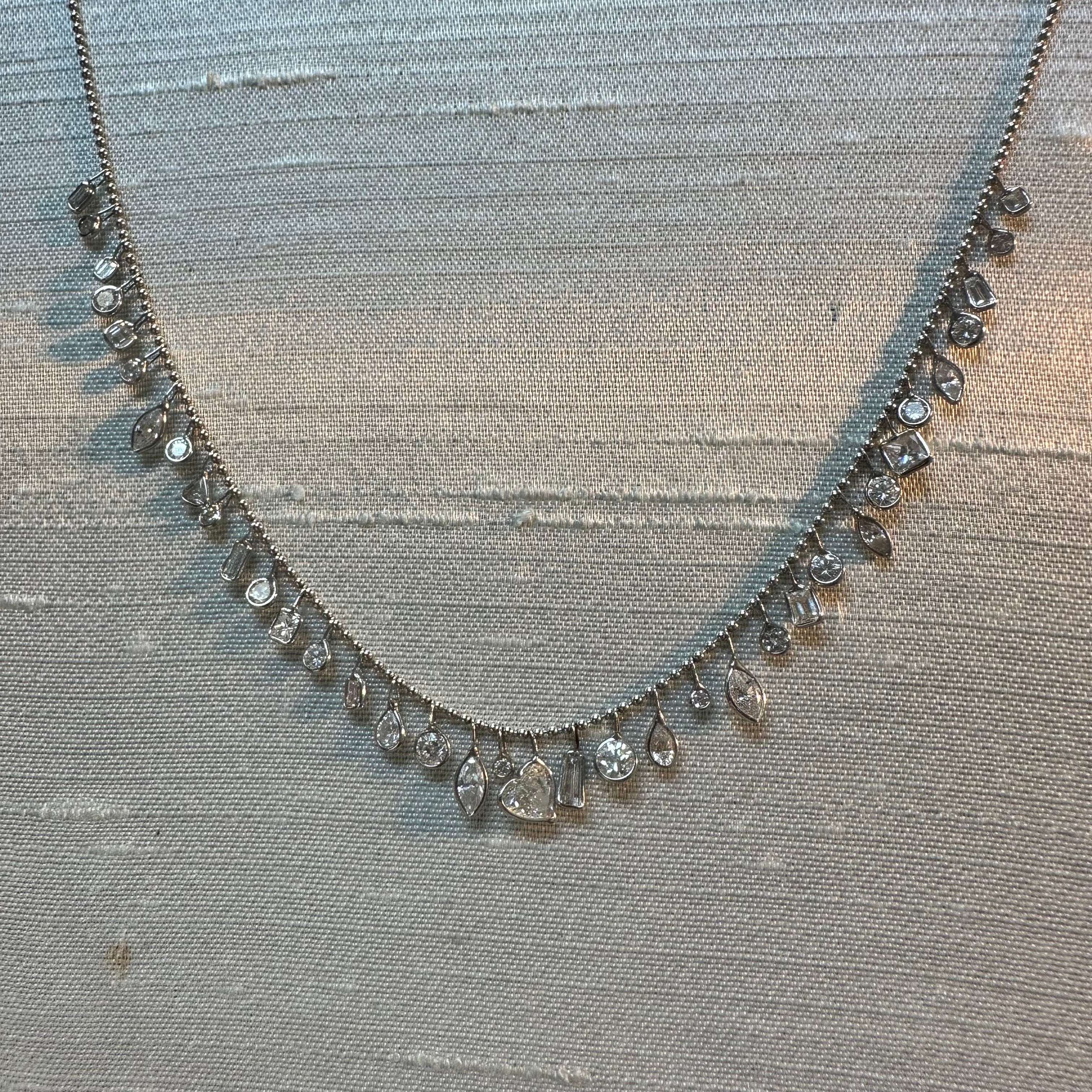 14K 17" White Gold With Dangling Diamonds With All Different shapes Necklace