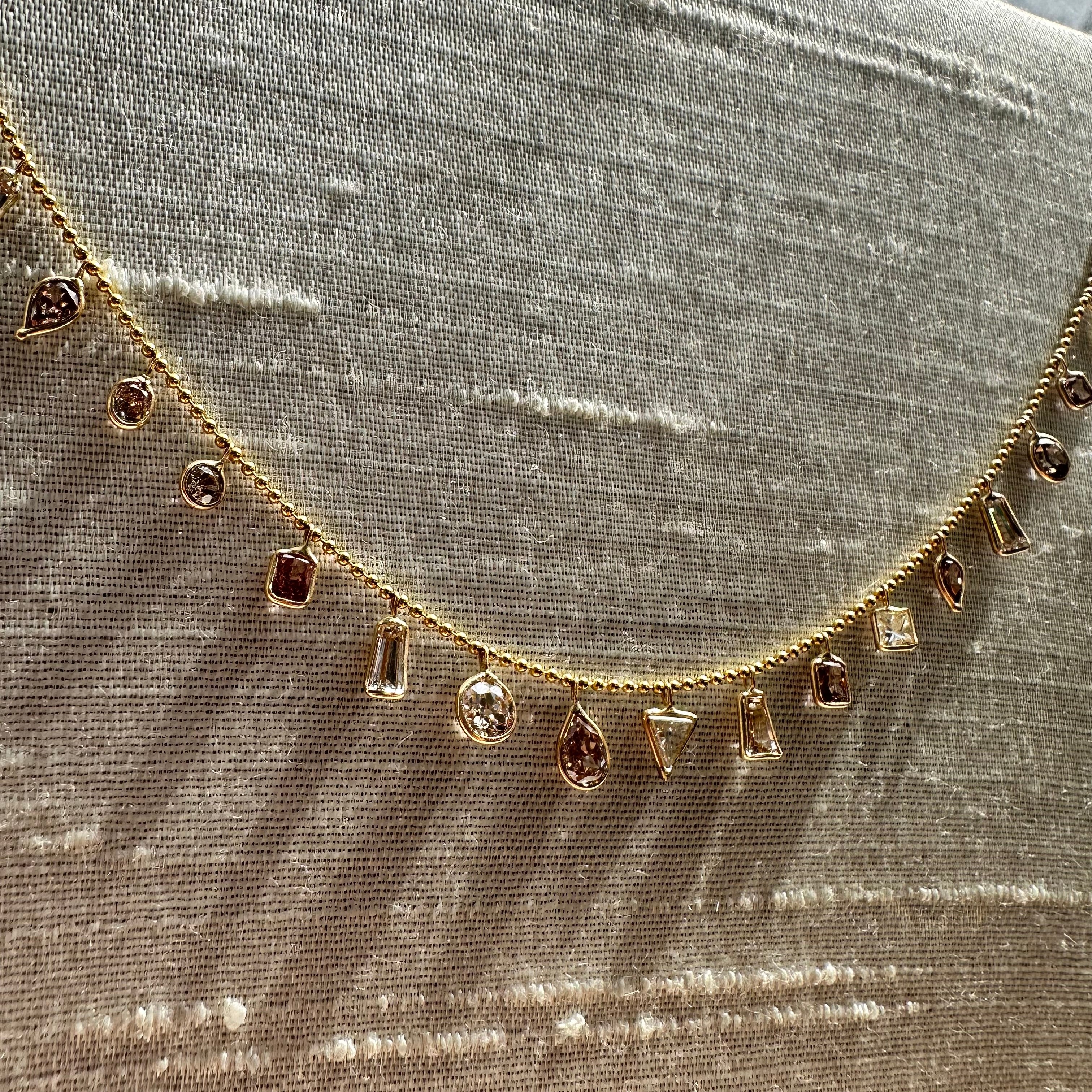 14K 16" Yellow Gold Pink And White Diamond Dangle Necklace