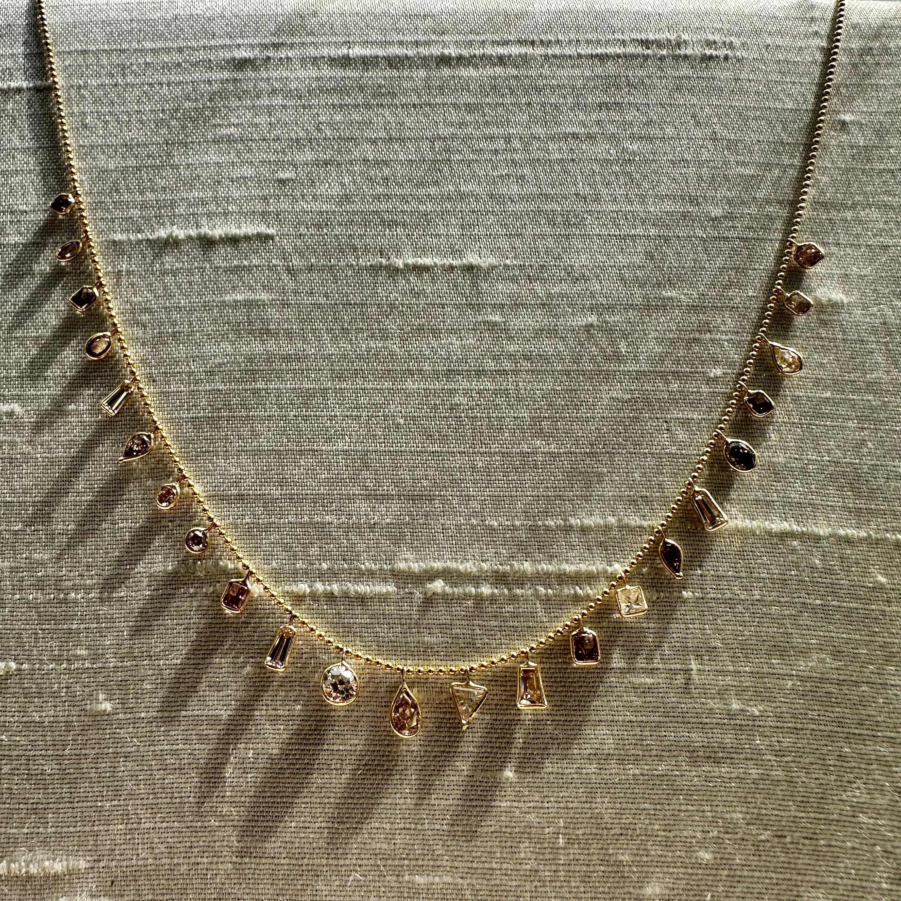 14K 16" Yellow Gold Pink And White Diamond Dangle Necklace