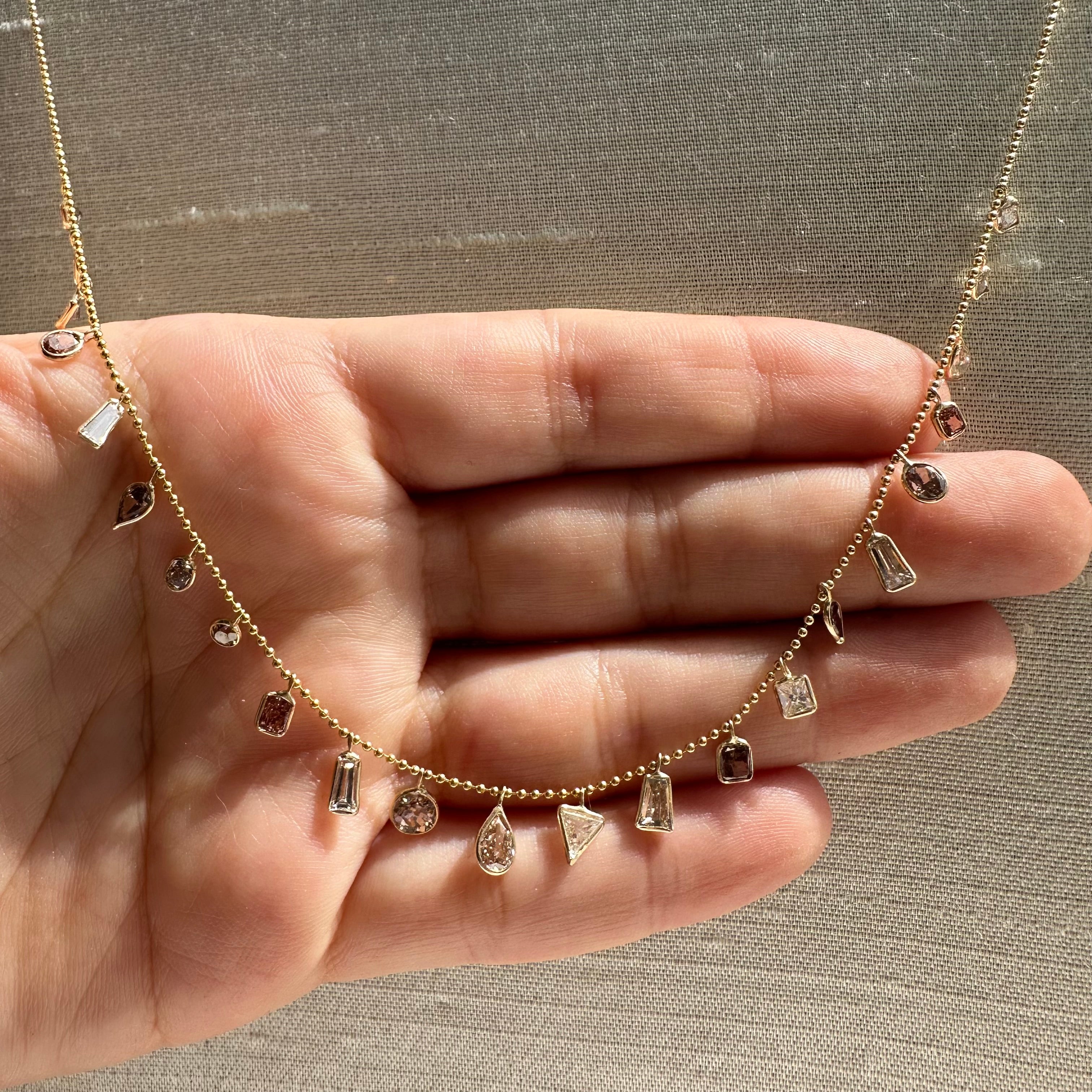 14K 16" Yellow Gold Pink And White Diamond Dangle Necklace
