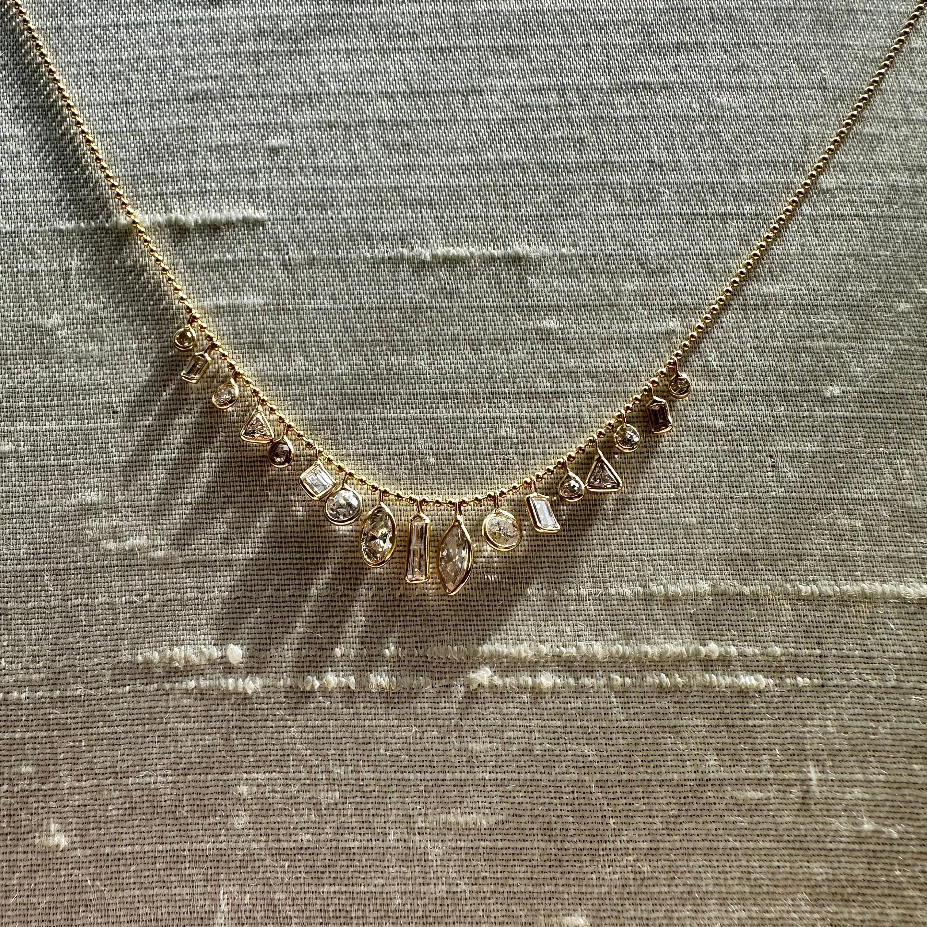 14K 16" Yellow Gold  Beautiful Different Shape Diamond Dangle Necklace