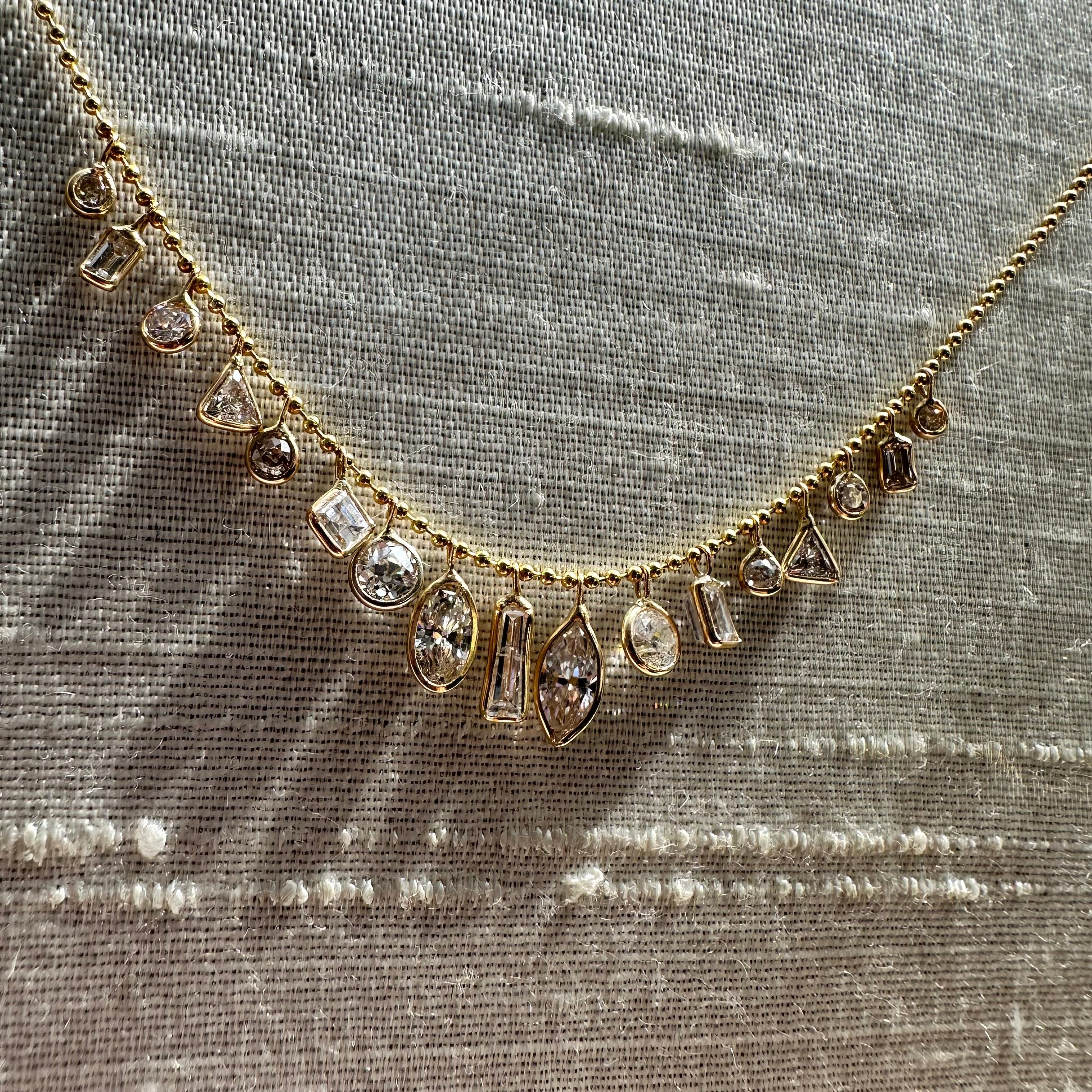 14K 16" Yellow Gold Beautiful Different Shape Diamond Dangle Necklace