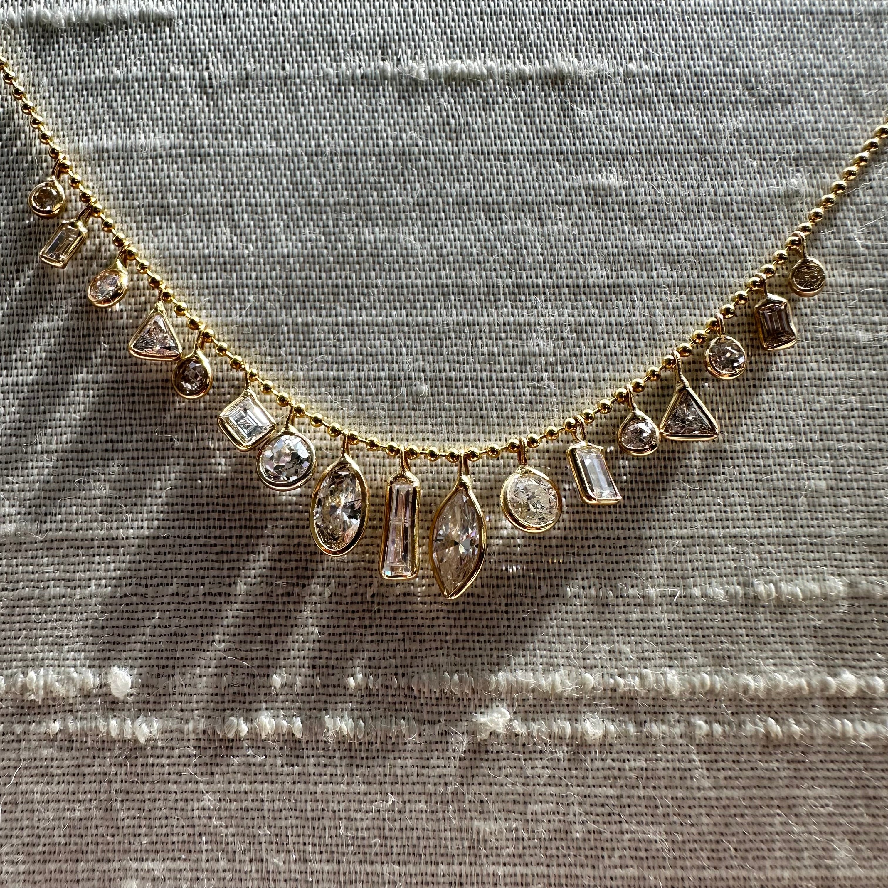 14K 16" Yellow Gold Beautiful Different Shape Diamond Dangle Necklace
