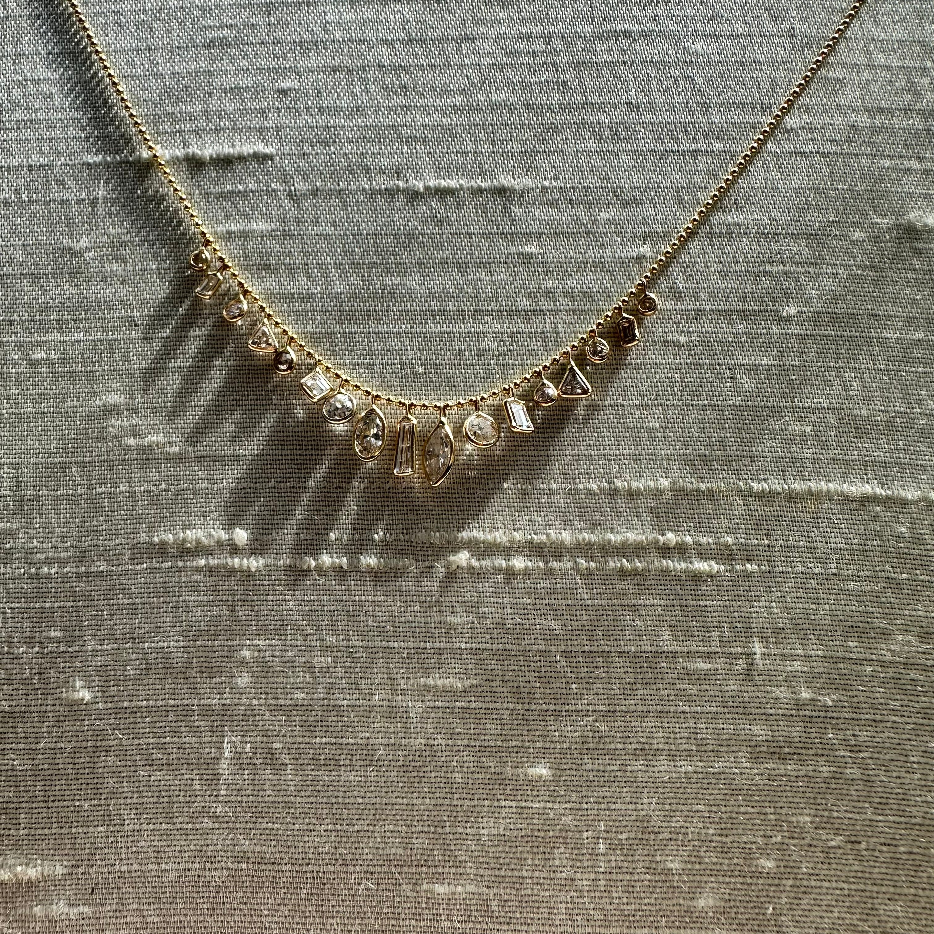 14K 16" Yellow Gold Beautiful Different Shape Diamond Dangle Necklace