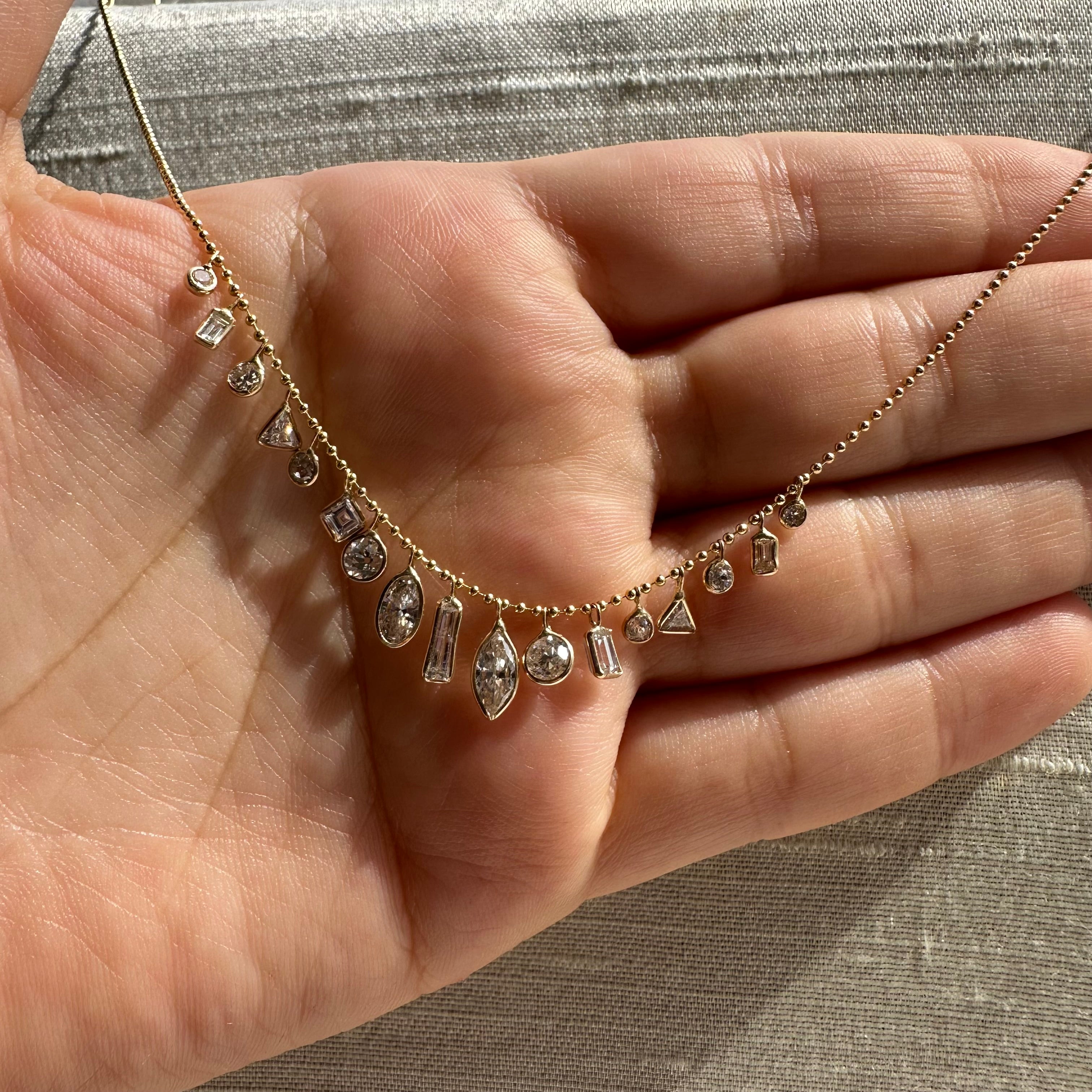 14K 16" Yellow Gold Beautiful Different Shape Diamond Dangle Necklace
