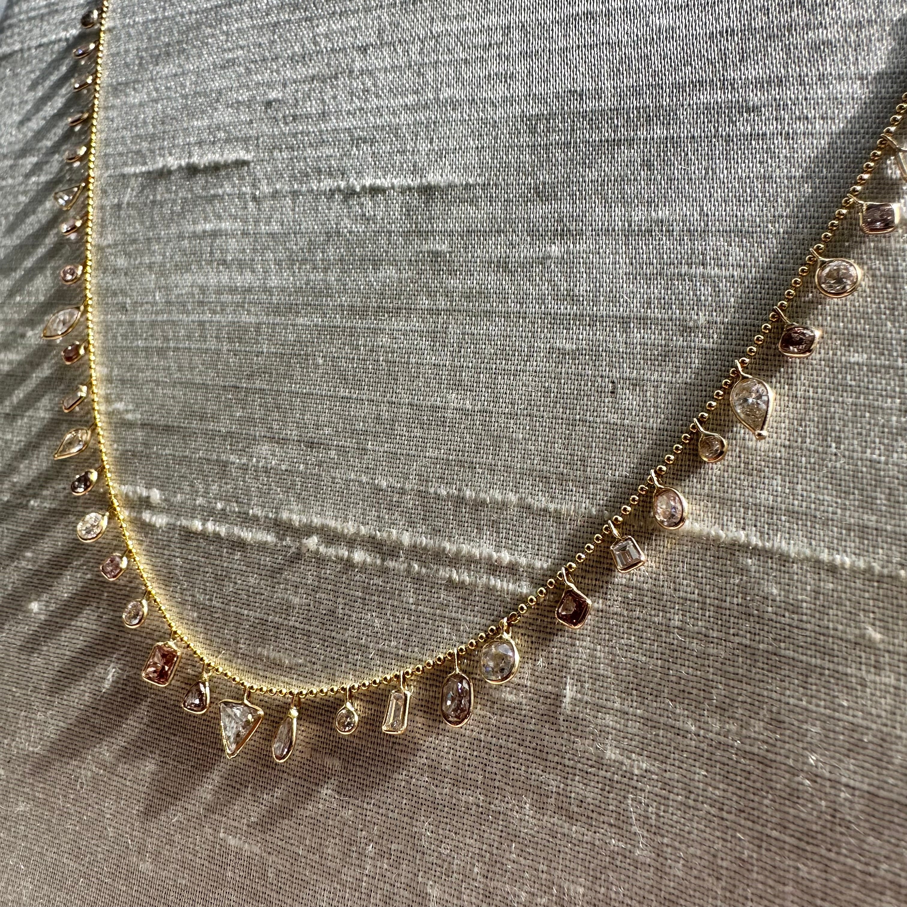 14K 16" Yellow Gold Beautiful Different Shape Pink And white Diamonds Dangle Ne