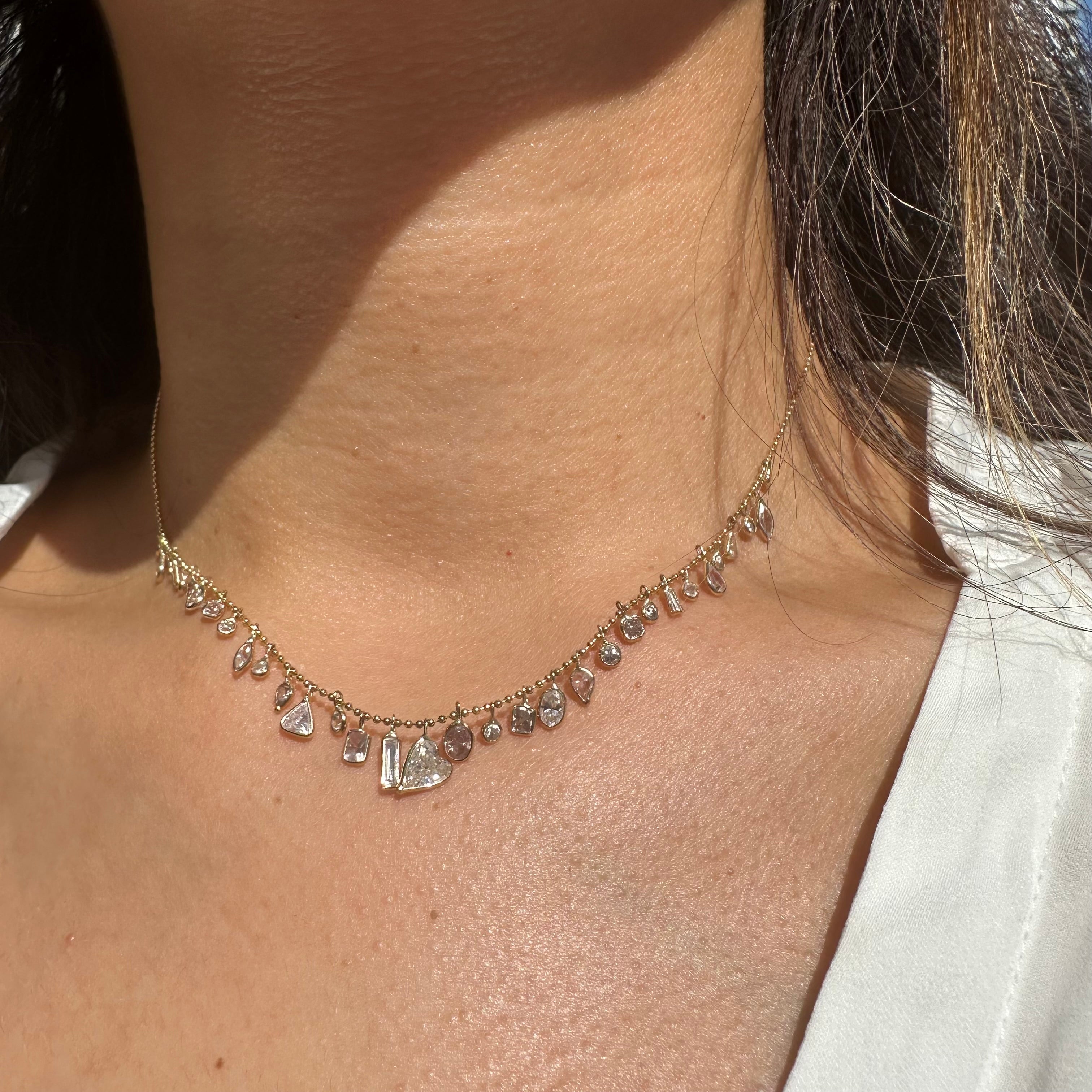 14K 15" Yellow Gold With Dangling Pink And White Diamonds Necklace