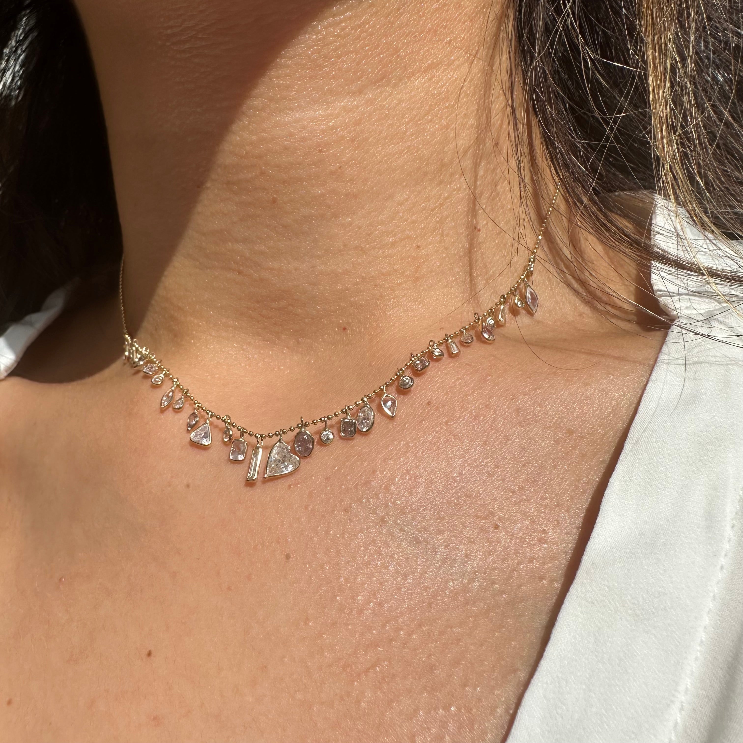 14K 15" Yellow Gold With Dangling Pink And White Diamonds Necklace
