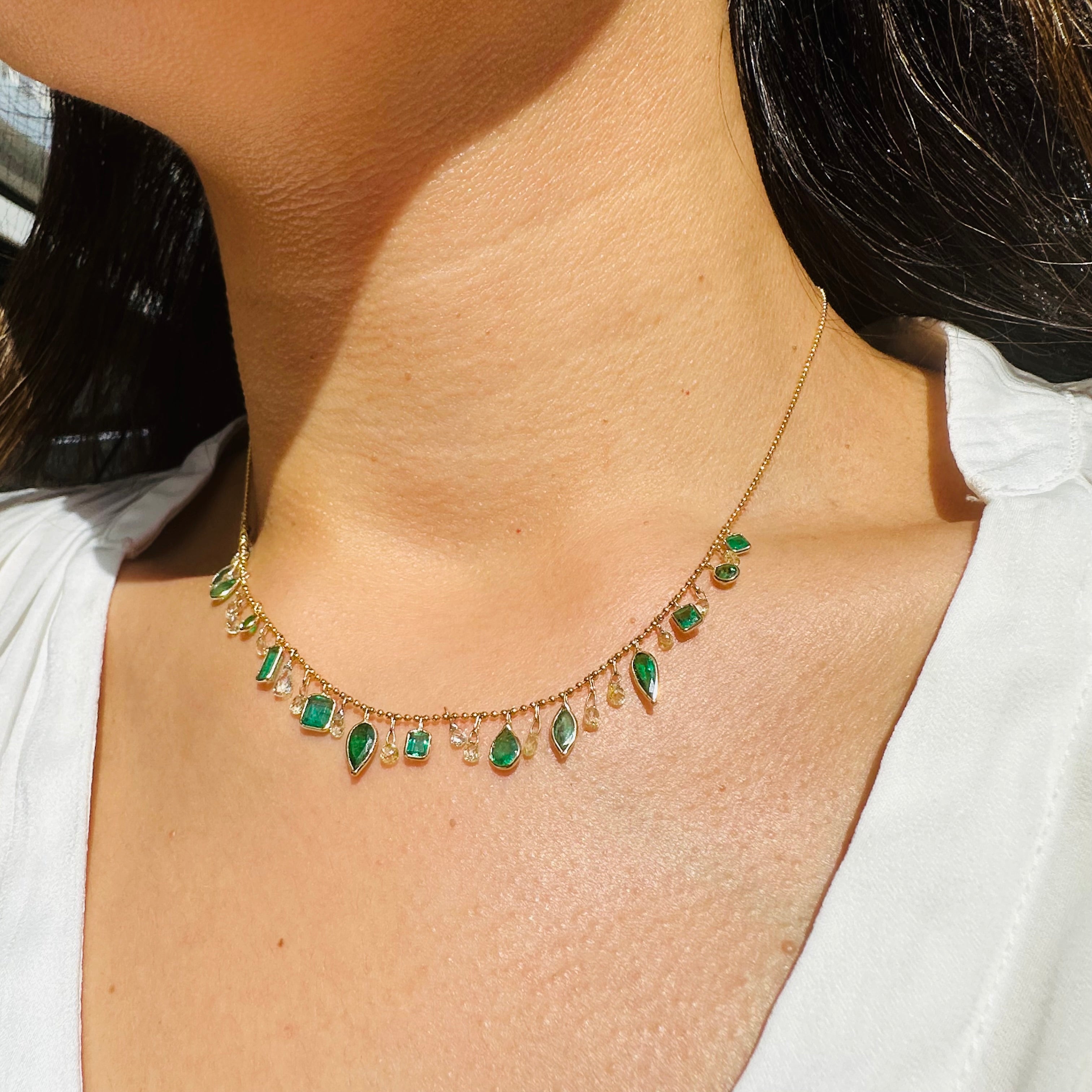 14K 16" Yellow Gold With Dangling Diamonds & Emeralds With All Different Shapes