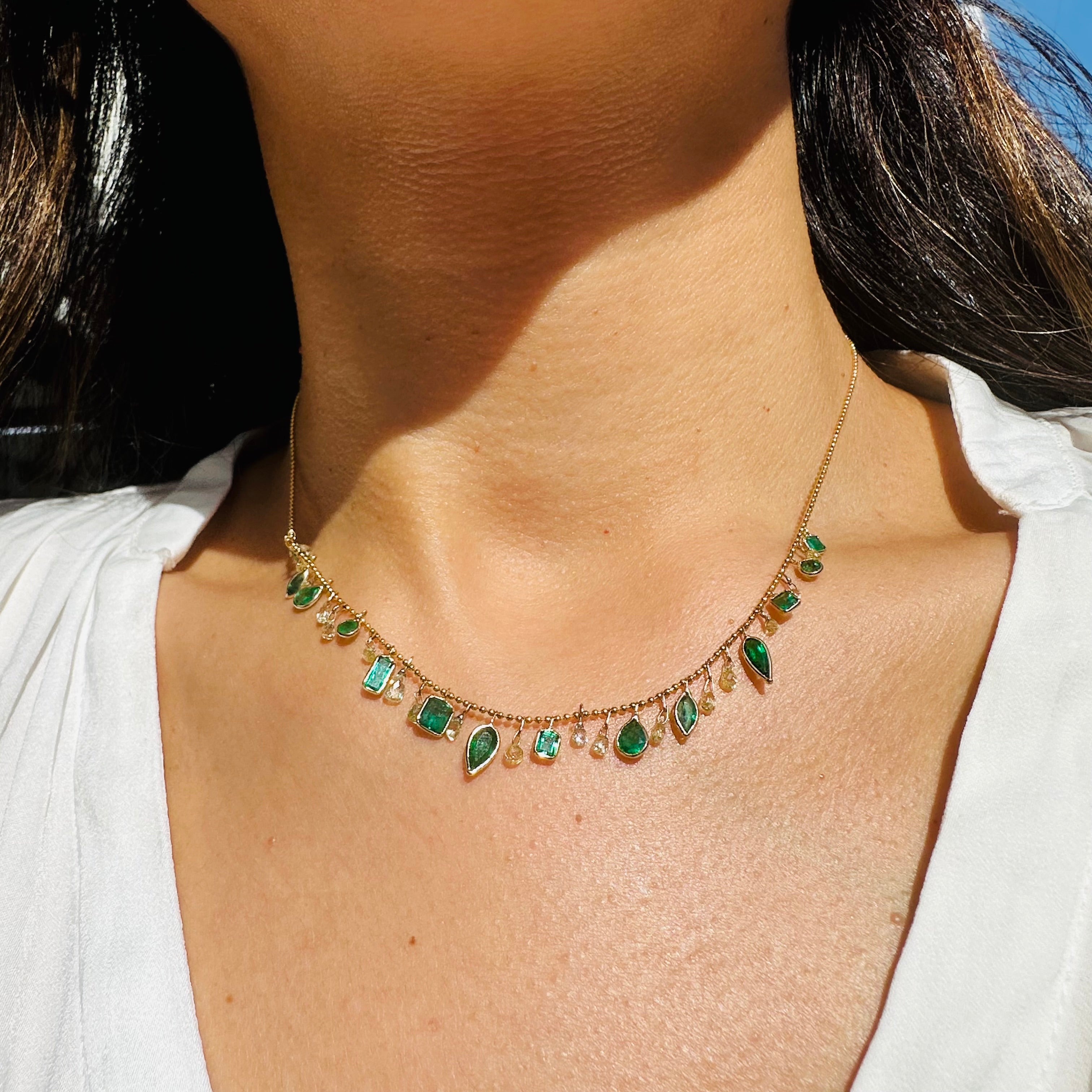 14K 16" Yellow Gold With Dangling Diamonds & Emeralds With All Different Shapes