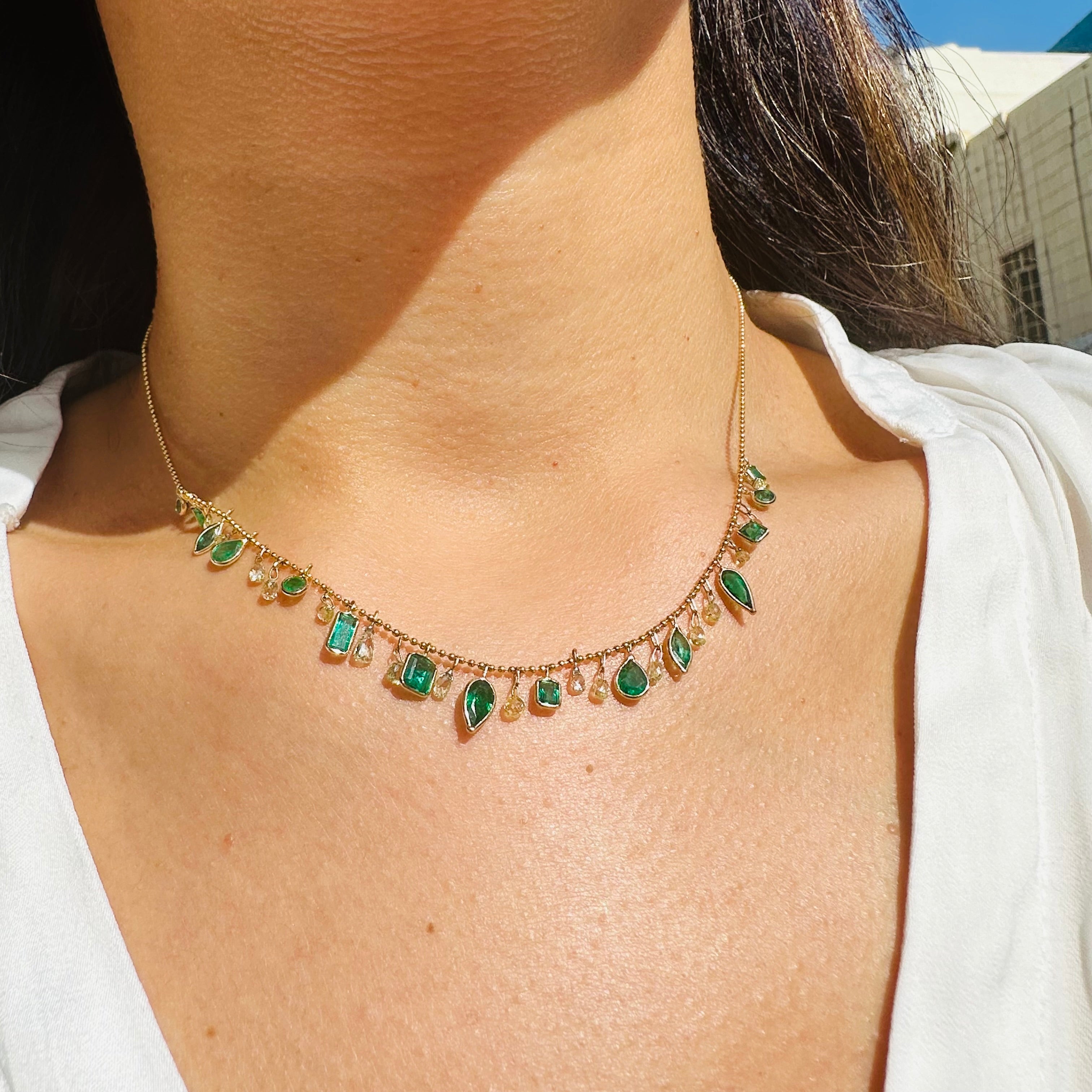 14K 16" Yellow Gold With Dangling Diamonds & Emeralds With All Different Shapes