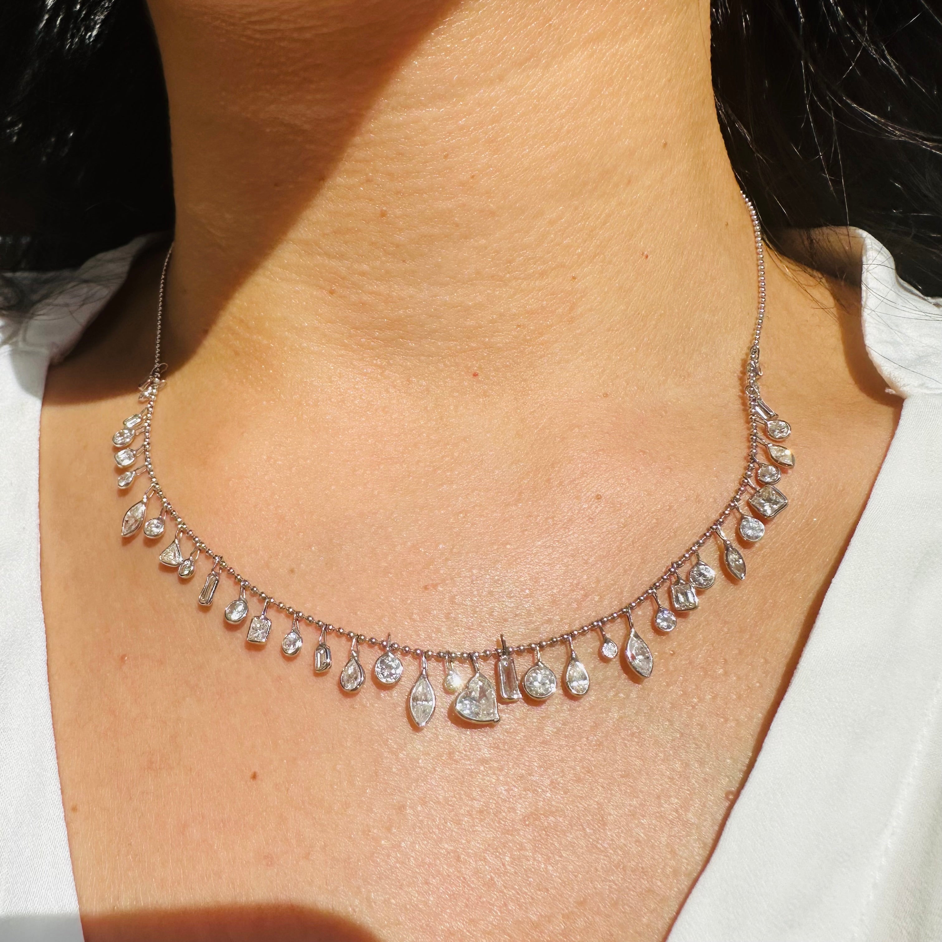 14K 17" White Gold With Dangling Diamonds With All Different shapes Necklace