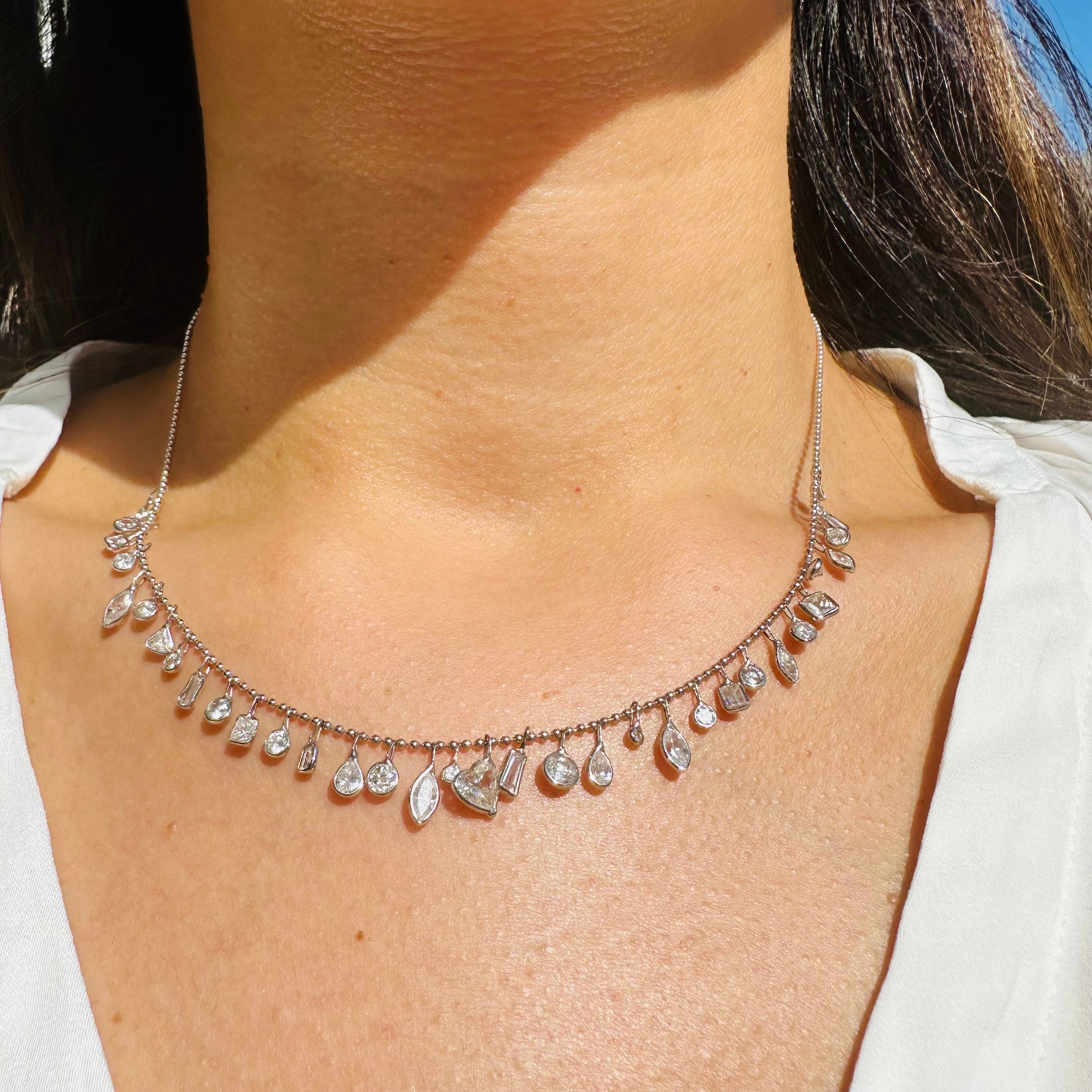 14K 17" White Gold With Dangling Diamonds With All Different shapes Necklace