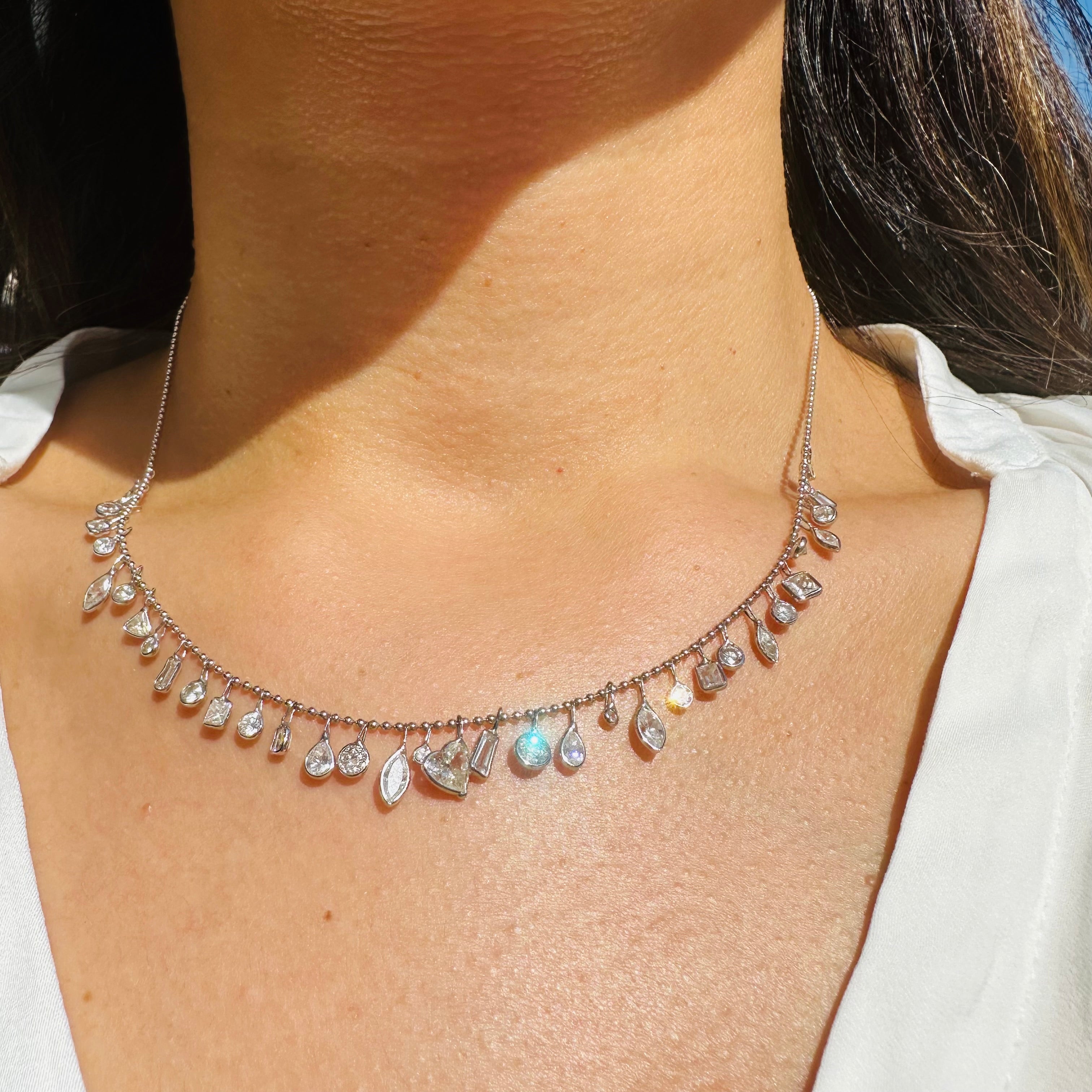 14K 17" White Gold With Dangling Diamonds With All Different shapes Necklace