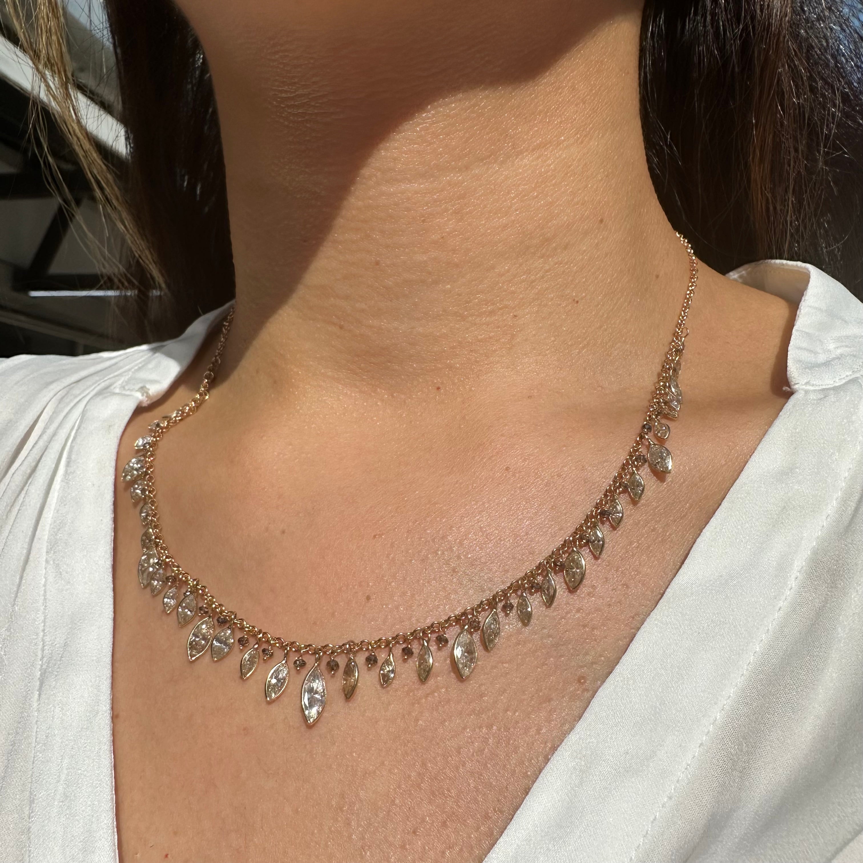 14K 17" White Gold With Dangling Diamonds With All Different shapes Necklace