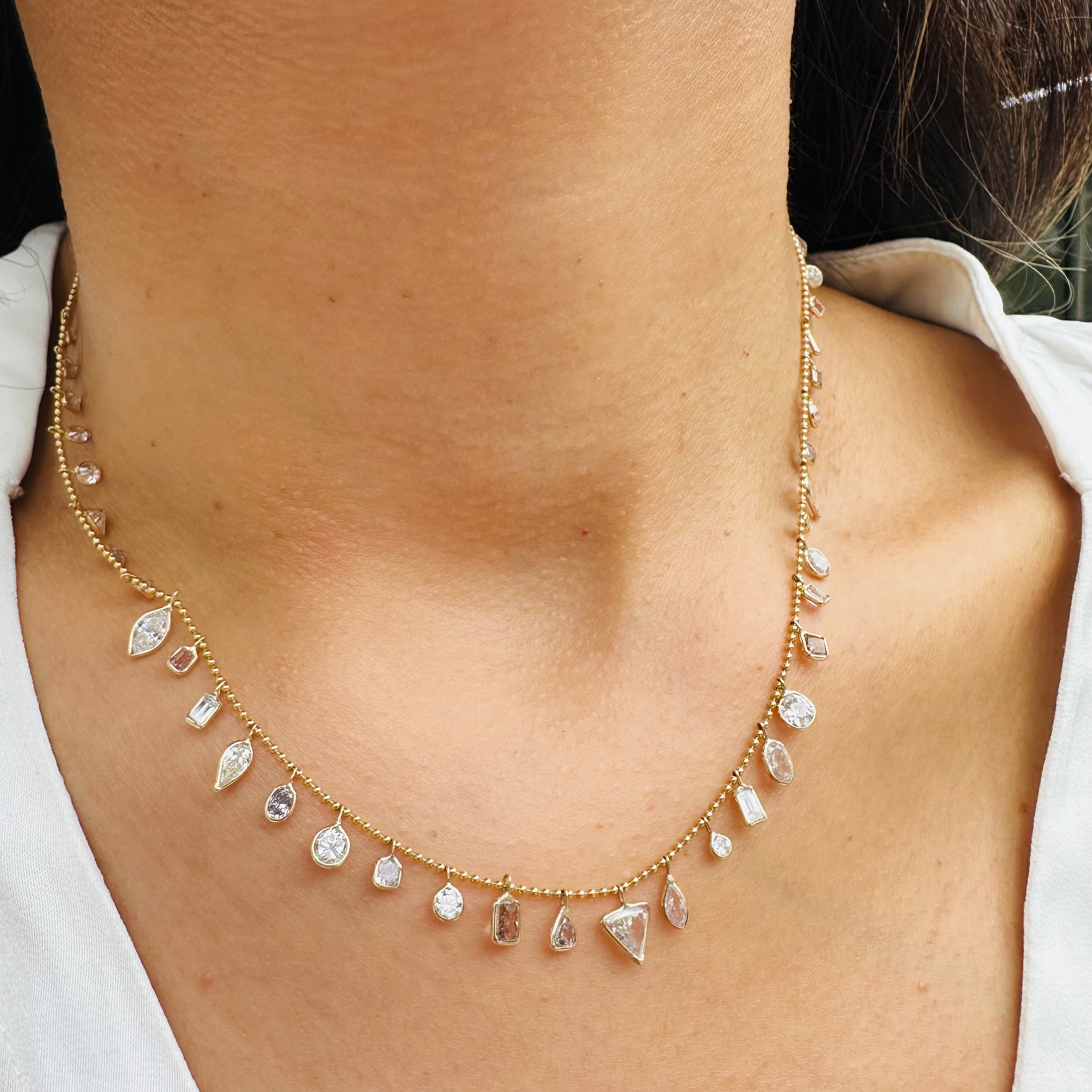 14K 16" Yellow Gold  Beautiful Different Shape Pink And white Diamonds Dangle Ne