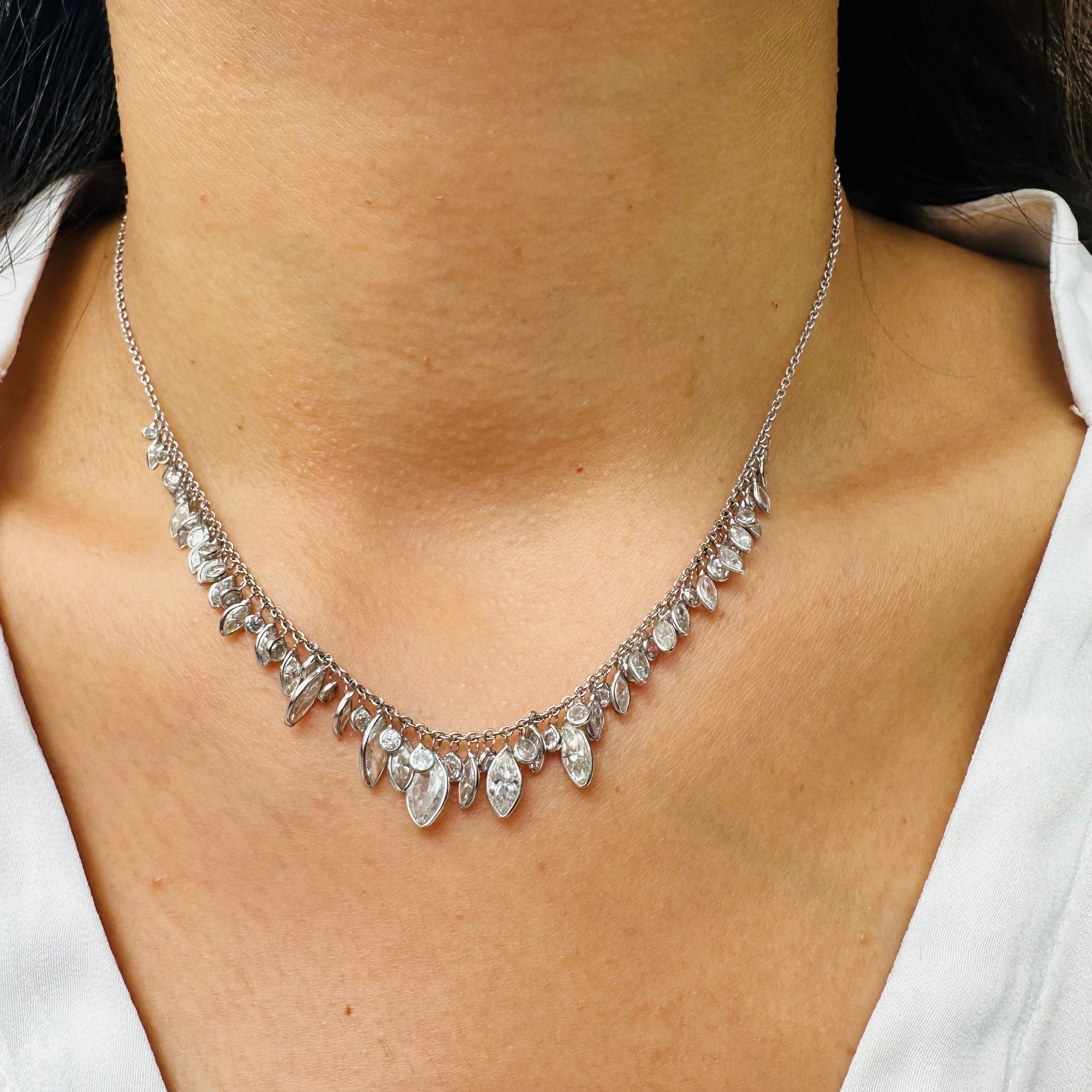 14K 16" White Gold Beautiful Different Shape Diamonds Dangle Necklace