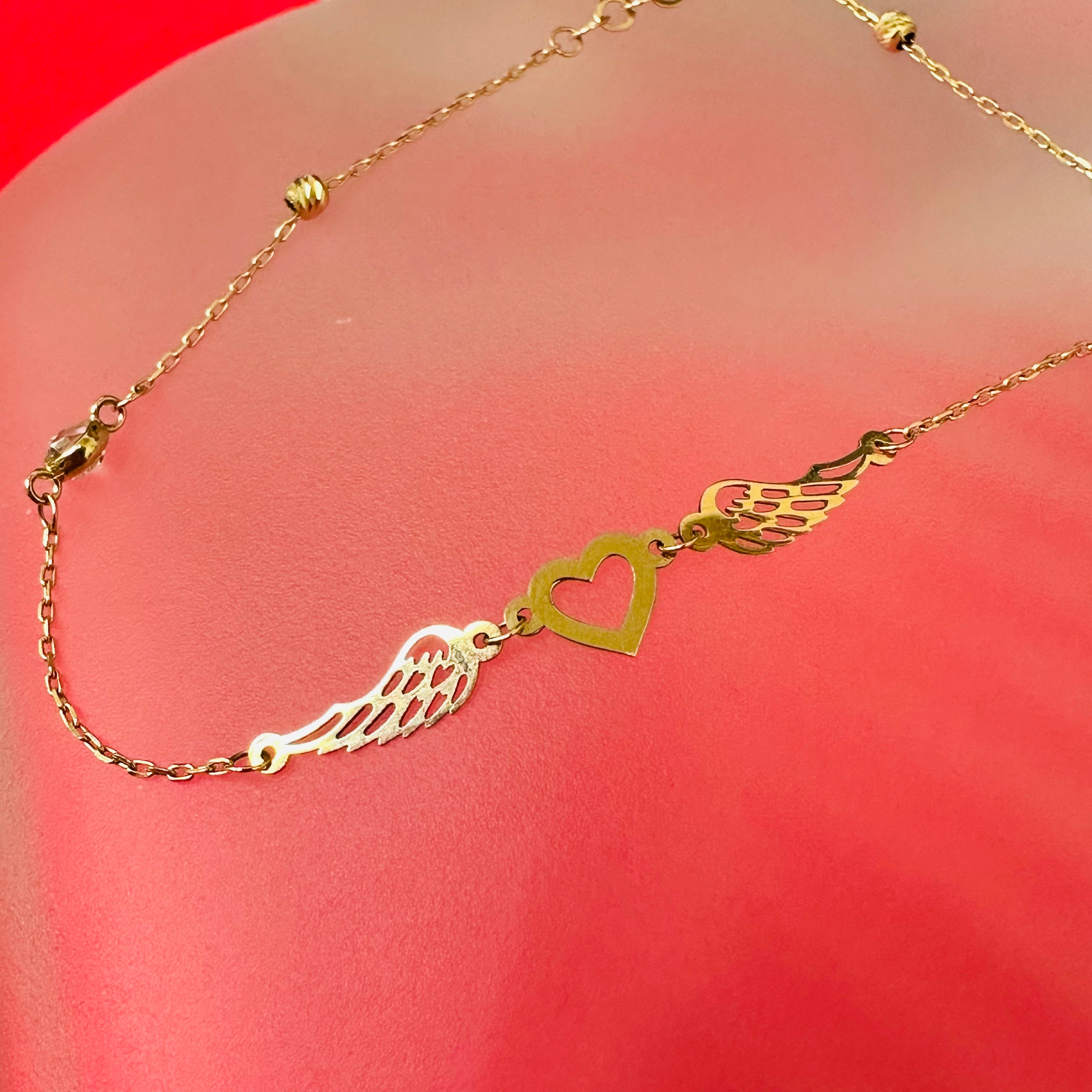 14K 7-8" Yellow Gold Heart With Wings Bracelet