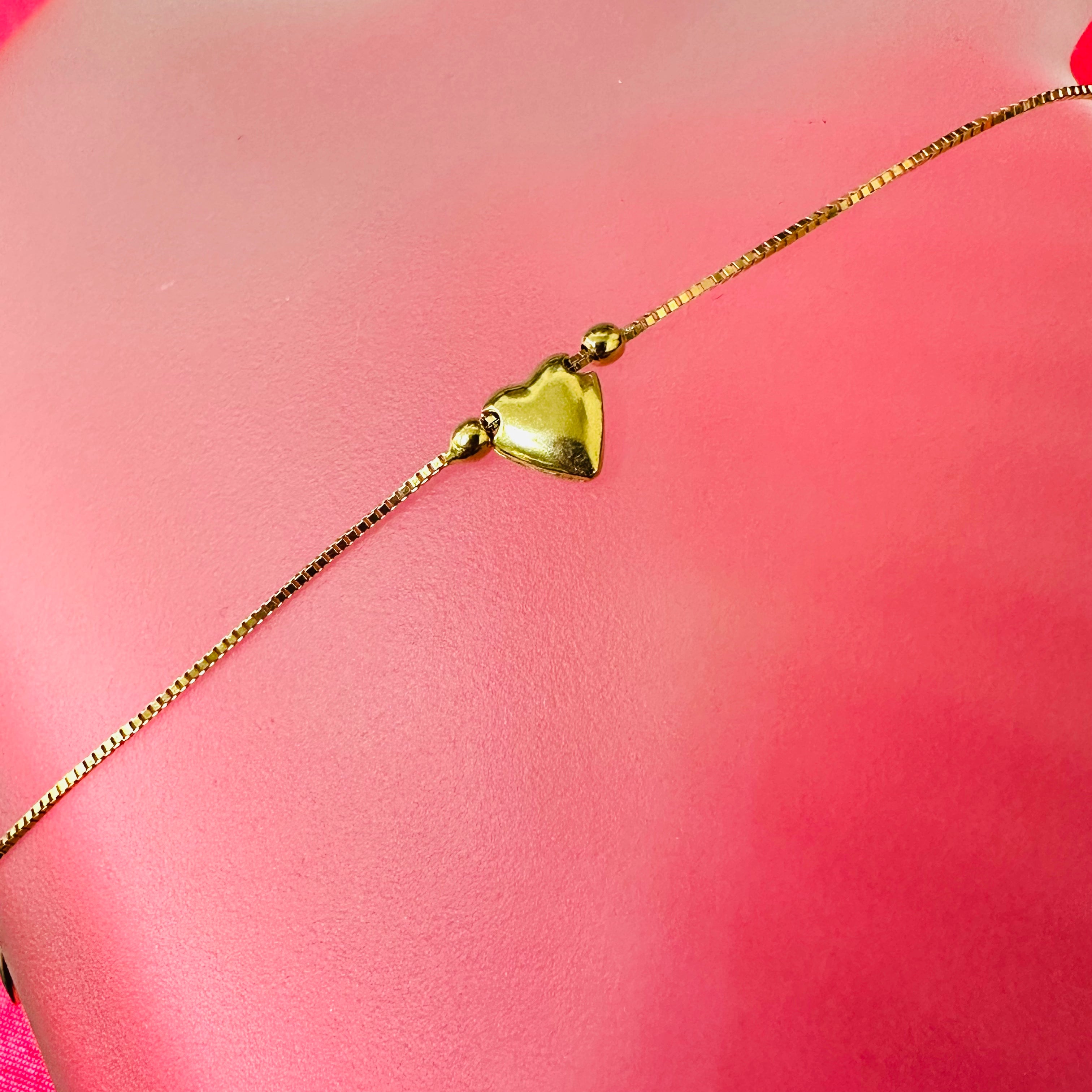 14K 7" Yellow Gold Box Chain Thin Bracelet With Hearts