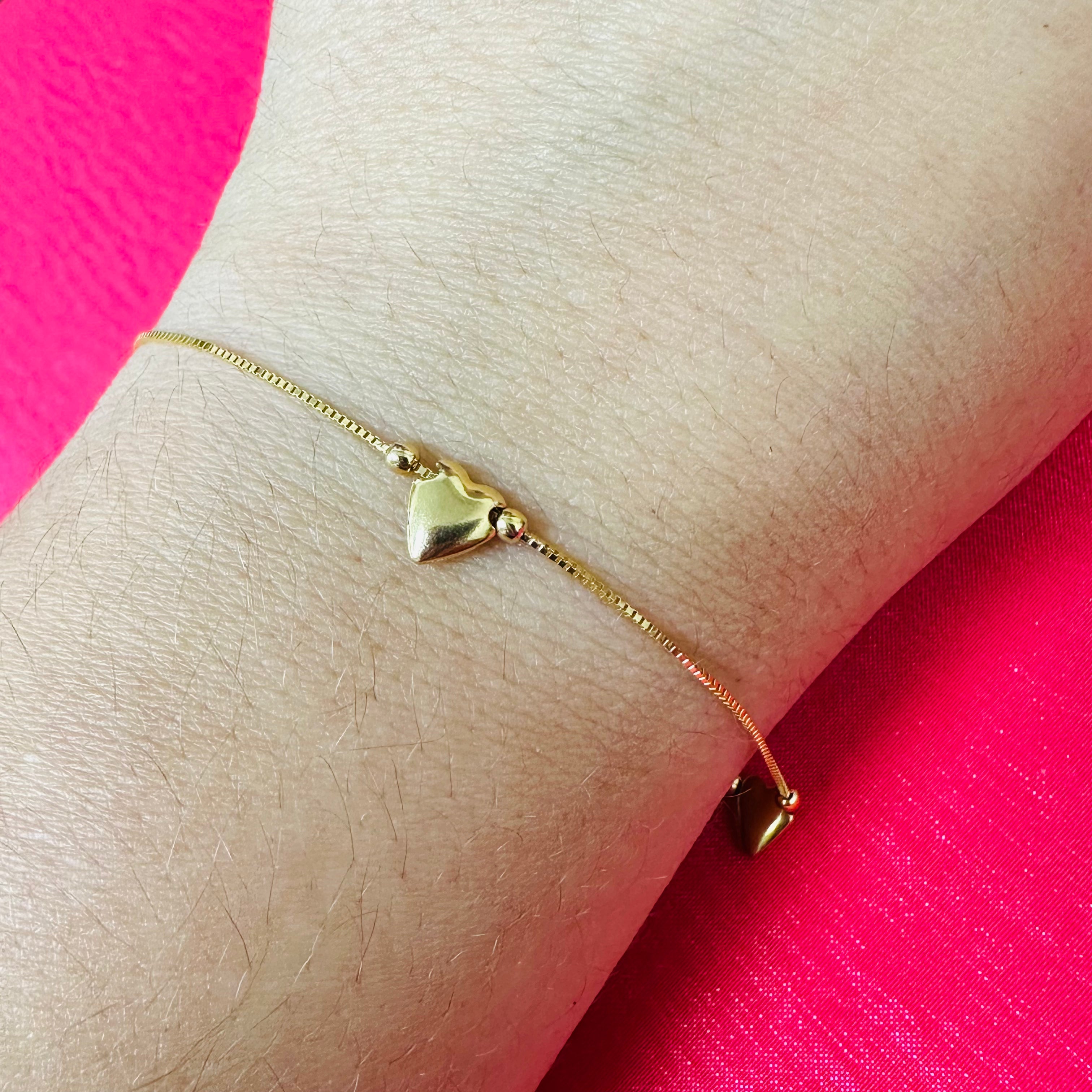 14K 7" Yellow Gold Box Chain Thin Bracelet With Hearts