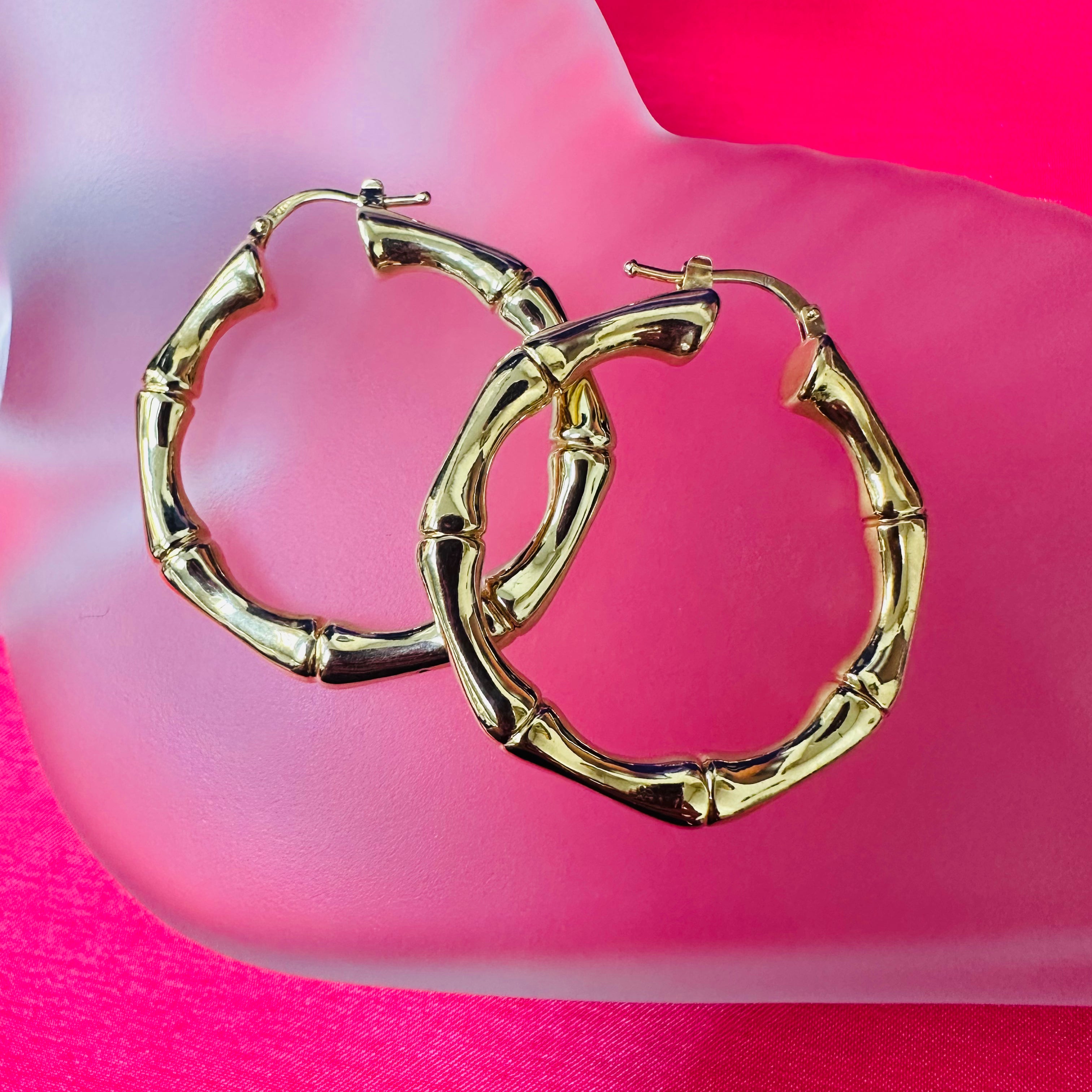 14K Yellow Gold Bamboo Hoops