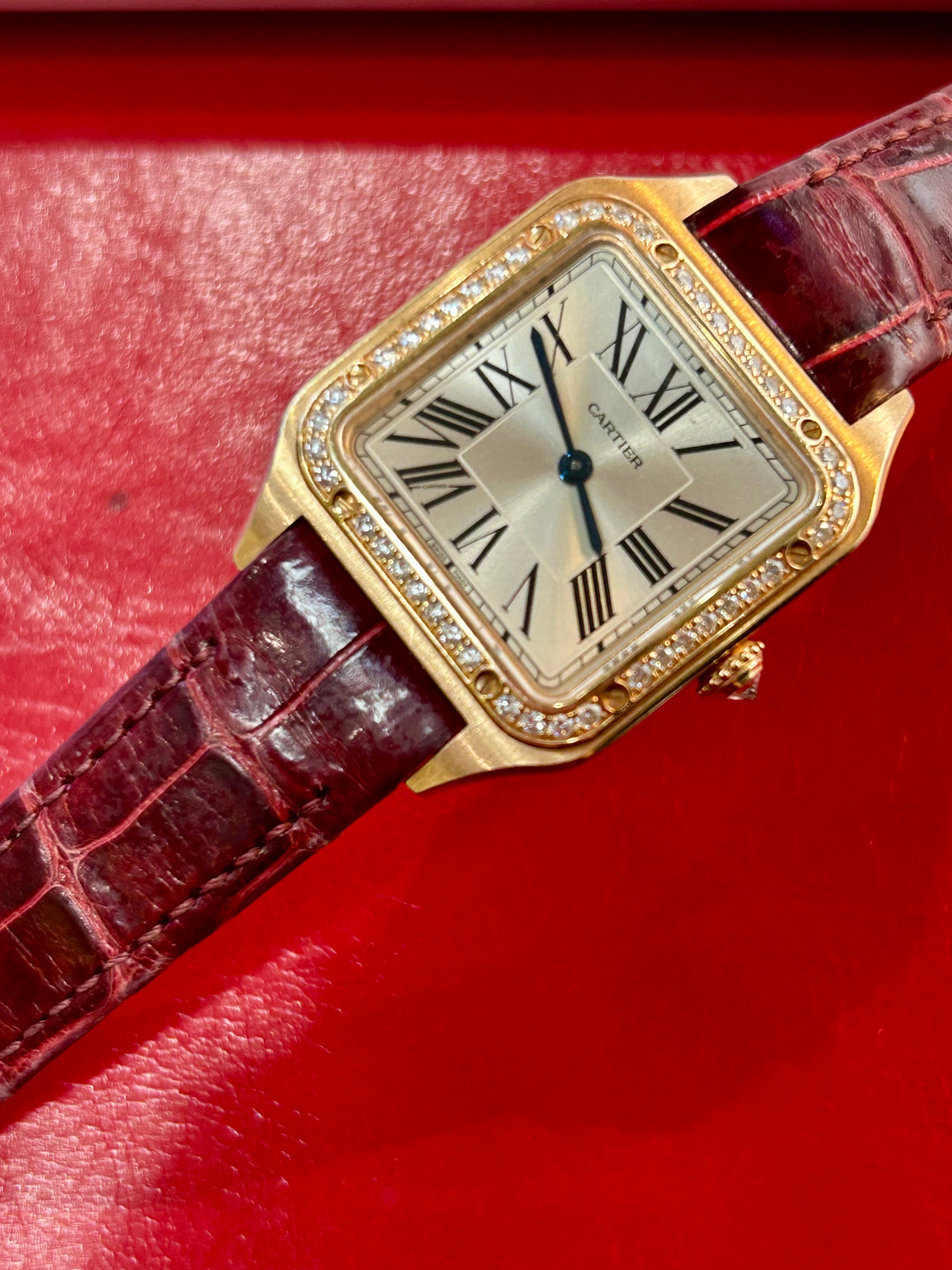 Cartier Santos-Dumont Ref. 4243 | 27.5mm | 18k Rose Gold Quartz Diamond Watch White Roman Dial Burgundy Alligator Strap