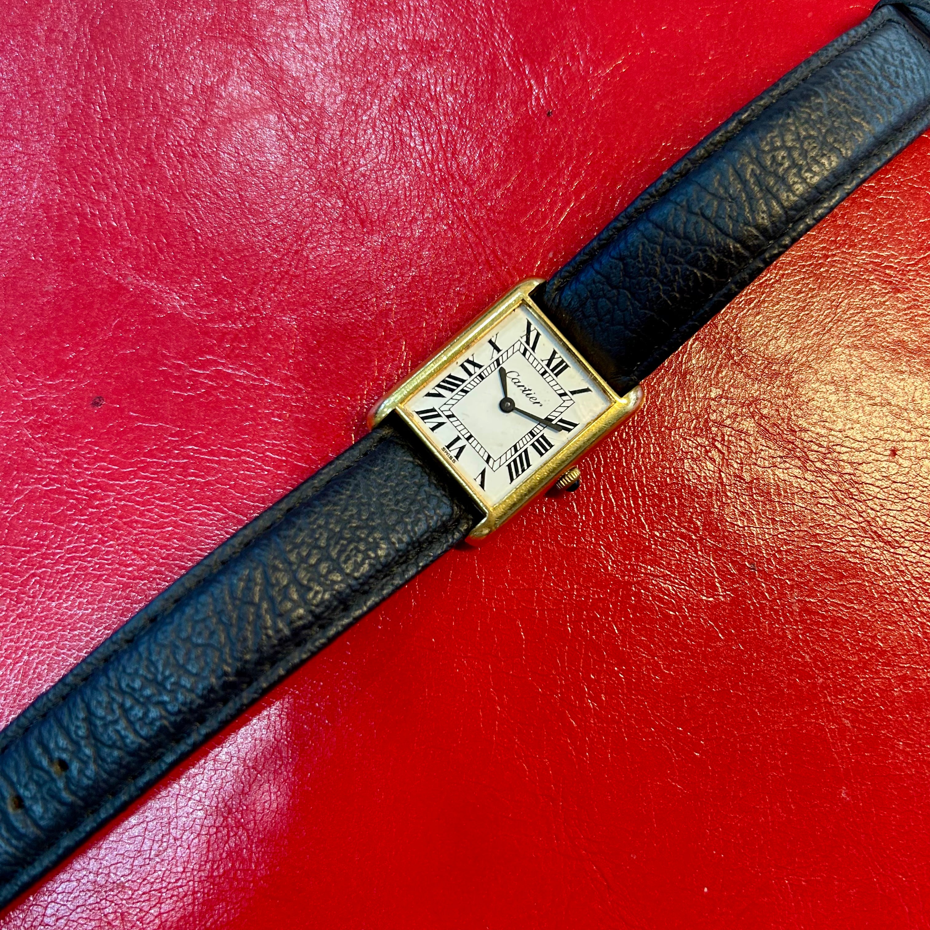 Vintage Cartier Must de Tank | 23mm | Black Leather Strap Watch