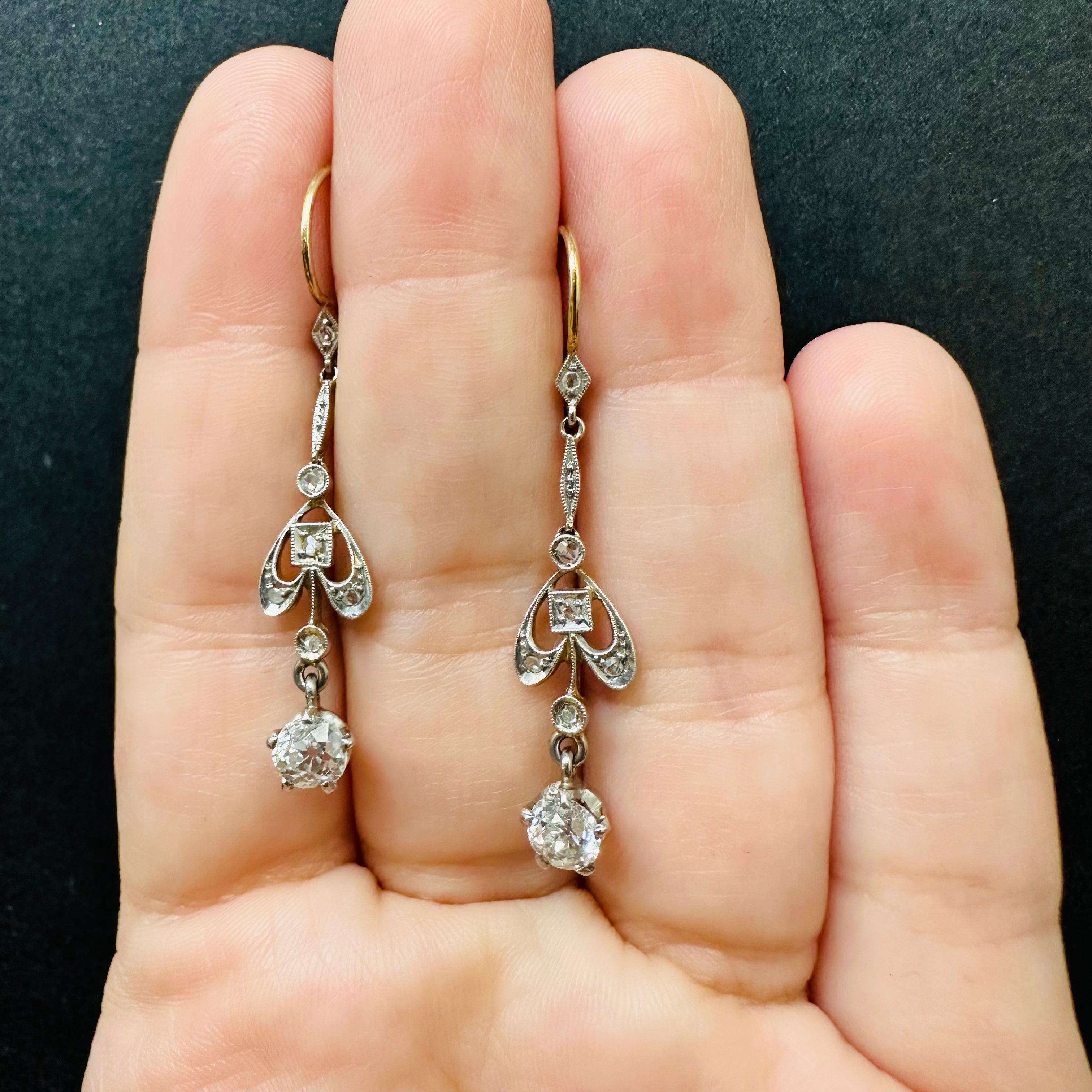 18K Yellow Gold & Platinum Vintage Diamond Drop Earrings